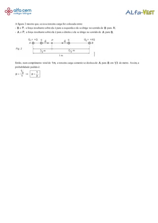 A figura 2 mostra que, se essa terceira carga for colocada entre:
- B e P, a força resultante sobre ela é para a esquerda e ela se dirige no sentido de B para A;
- A e P, a força resultante sobre ela é para a direita e ela se dirige no sentido de A para B.
Então, num comprimento total de 1m, a terceira carga somente se desloca de A para B em 1 3 de metro. Assim, a
probabilidade pedida é:
1
13p p .
1 3
  
 