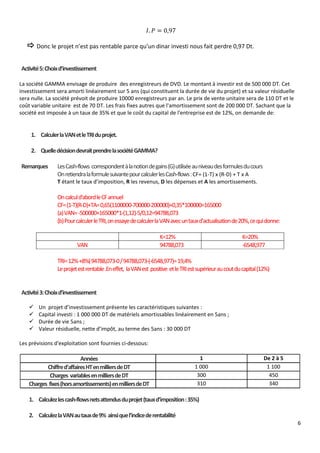 6
𝐼. 𝑃 = 0,97
 Donc le projet n’est pas rentable parce qu’un dinar investi nous fait perdre 0,97 Dt.
Activité5:Choixd’investissement
La société GAMMA envisage de produire des enregistreurs de DVD. Le montant à investir est de 500 000 DT. Cet
investissement sera amorti linéairement sur 5 ans (qui constituent la durée de vie du projet) et sa valeur résiduelle
sera nulle. La société prévoit de produire 10000 enregistreurs par an. Le prix de vente unitaire sera de 110 DT et le
coût variable unitaire est de 70 DT. Les frais fixes autres que l'amortissement sont de 200 000 DT. Sachant que la
société est imposée à un taux de 35% et que le coût du capital de l'entreprise est de 12%, on demande de:
1. CalculerlaVANetleTRIduprojet.
2. QuelledécisiondevraitprendrelasociétéGAMMA?
Remarques LesCash-flows correspondentàlanotiondegains(G)utiliséeauniveaudesformulesducours
OnretiendralaformulesuivantepourcalculerlesCash-flows:CF= (1-T) x (R-D) + T x A
T étant le taux d’imposition, R les revenus, D les dépenses et A les amortissements.
Oncalculd'abordleCFannuel
CF=(1-T)(R-D)+TA=0,65(1100000-700000-200000)+0,35*100000=165000
(a)VAN=-500000+165000*1-(1,12)-5/0,12=94788,073
(b)PourcalculerleTRI,onessayedecalculerlaVANavecuntauxd'actualisationde20%,cequidonne:
K=12% K=20%
VAN 94788,073 -6548,977
TRI=12%+8%(94788,073-0/94788,073-(-6548,977)=19,4%
Leprojetestrentable.Eneffet, laVANest positive etleTRIestsupérieuraucoutducapital(12%)
Activité3:Choixd’investissement
 Un projet d’investissement présente les caractéristiques suivantes :
 Capital investi : 1 000 000 DT de matériels amortissables linéairement en 5ans ;
 Durée de vie 5ans ;
 Valeur résiduelle, nette d’impôt, au terme des 5ans : 30 000 DT
Les prévisions d'exploitation sont fournies ci-dessous:
Années 1 De 2 à 5
Chiffred’affairesHTenmilliersdeDT 1 000 1 100
Charges variablesenmilliersdeDT 300 450
Charges fixes(horsamortissements)enmilliersdeDT 310 340
1. Calculezlescash-flowsnetsattendusduprojet(tauxd’imposition:35%)
2. CalculezlaVANautauxde9% ainsiquel’indicederentabilité
 