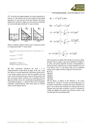 Prof. Fernando Valentim - nandovalentim@yahoo.com.br
5 | P r o j e t o F u t u r o M i l i t a r – w w w . f u t u r o m i l i t a r . c o m . b r
27) Uma bola de pingue-pongue, de massa desprezível e
volume “V” permanece imersa num líquido de densidade
específica “ρ”, por meio de um fio fino, flexível e de massa
desprezível, conforme a figura (I). Este sistema é acelerado
com uma aceleração constante “a”, para a direita.
Nestas condições, pode-se afirmar que o esquema correto
e a respectiva tensão “T” no fio serão:
28) Dois recipientes cilíndricos de raios r e R,
respectivamente, estão cheios de água. O de raio r, que
tem altura h e massa desprezível, está dentro do de raio R,
e sua tampa superior está ao nível da superfície livre do
outro. Puxa-se lentamente para cima ao cilindro menor até
que sua tampa inferior coincida com a superfície livre da
água do cilindro maior. Se a aceleração da gravidade é g e
a densidade da água é ƿ podemos dizer que os trabalhos
realizados respectivamente pela força peso do cilindro
menor e pelo empuxo foram:
29) A massa de um objeto feito de liga ouro-prata é 354 g.
Quando imerso na água, cuja massa específica é 1,00g cm-
3, sofre uma perda aparente de peso correspondente a
20,0 g de massa. Sabendo que a massa específica do ouro
é de 20,0 g cm-3 e a da prata 10,0 g cm-3, podemos
afirmar que o objeto contém a seguinte massa de ouro:
a) 177 g
b) 118 g
c) 236 g
d) 308 g
e) 54,0 g
30) Na figura, os blocos B são idênticos e de massa
específica d > 1,0 g/cm
3
. O frasco A contém água pura e o
D contém inicialmente um líquido 1de massa específica 1,3
g/cm
3
. Se os blocos são colocados em repouso dentro dos
líquidos, para que lado se desloca a marca P colocada no
cordão de ligação? (As polias não oferecem atrito e são
consideradas de massa desprezível).
 