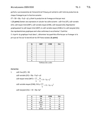 Microéconomie 2009/2010                                                                      TD. 3   T.D.

parfaite. Les économistes de l’Université de Fribourg ont estimé le coût total de production de

chaque fromagerie par la fonction suivante :

CT = 50 + 10q – 5 q2 + q3, q étant la production de fromage en kilos par mois

1. (3 points) Donner une expression et calculer les coûts suivants : coût fixe (CF), coût variable

(CV), coût moyen total (CMT), coût variable moyen (CVM), coût marginal (Cm). Représenter

graphiquement le coût moyen total (CMT), le coût variable moyen (CVM) et le coût marginal (Cm).

Ces représentations graphiques sont-elles conformes à vos attentes ? Justifier.

2. A partir du graphique tracé dans 1., déterminer les quantités offertes par un fromager si le

prix qui se fixe sur le marché est de 35 Francs suisses. (6 points)



                             Q             CMT           CVM          Cm
                             1
                             2
                             3
                             4
                             5
                             6
                             7
                             8
                                           Tableau des coûts


Correction

1.     coût fixe (CF) = 50

       coût variable (CV) = 10q – 5 q2 + q3

       coût moyen total (CMT) = CT         50
                                       =      + 10 − 5q + q 2
                                   q        q

       coût variable moyen (CVM), CV/q = CV
                                                   = 10 − 5q + q 2
                                               q

       coût marginal (Cm). = 10 – 10q +3q²



                             q              CM           CVM          Cm
                             1               56           6            3
                             2               29           4            2
                             3             20,67           4           7
                             4              18,5          6           18
                             5               20           10          35
                             6             24,33          16          58
 