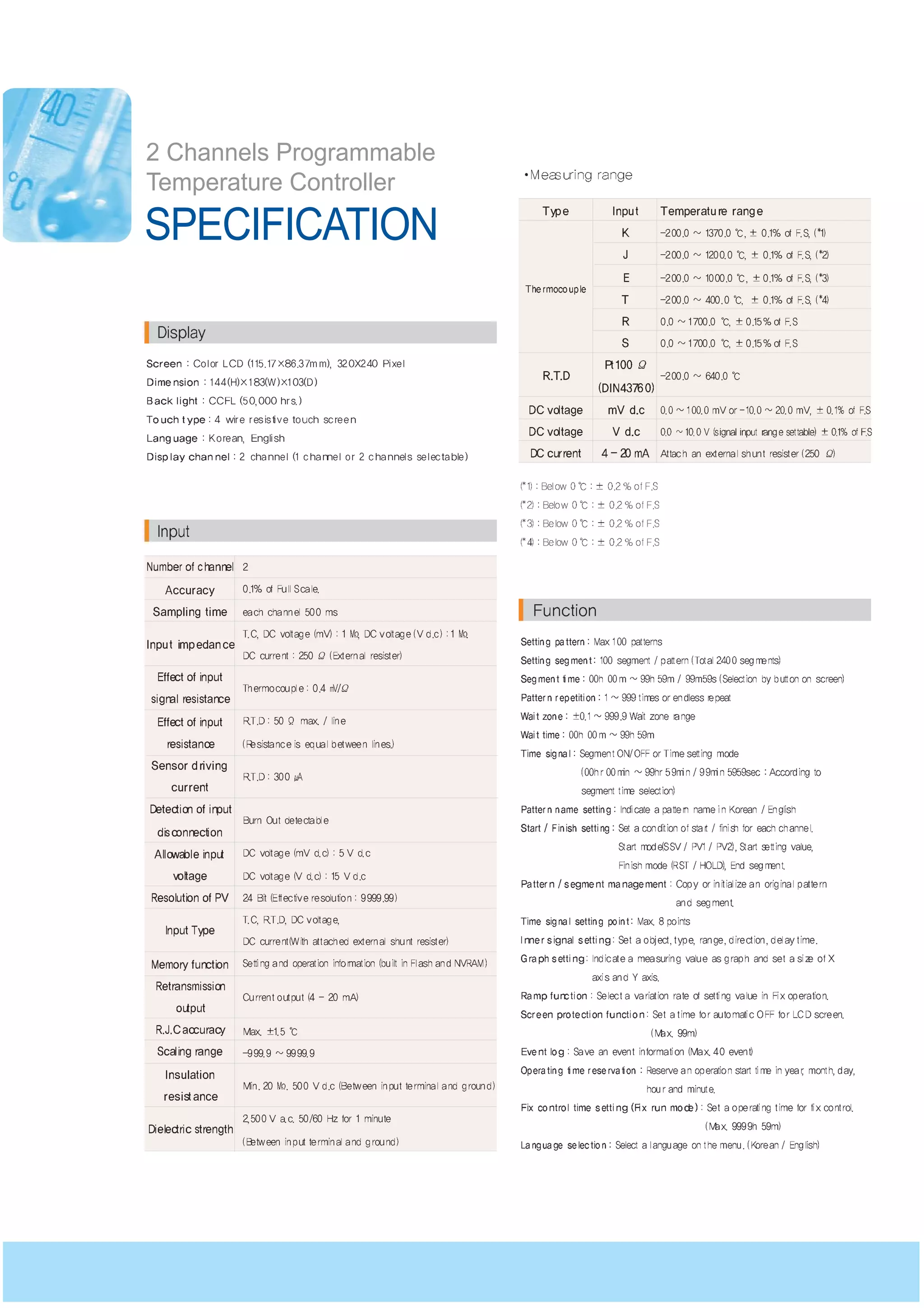 SPECIFICATION
2 Channels Programmable
Temperature Controller