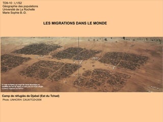 TD9-10 : L1/S2 Géographie des populations Université de La Rochelle Marie Sophie B.-D. LES MIGRATIONS DANS LE MONDE Camp de réfugiés de Djabal (Est du Tchad) Photo : UNHCR/H. CAUX /TCD•2006 