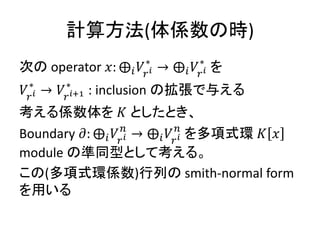 計算方法(体係数の時)
次の operator 𝑥: ⨁𝑖 𝑉𝑟 𝑖
∗
→ ⨁𝑖 𝑉𝑟 𝑖
∗
を
𝑉𝑟 𝑖
∗
→ 𝑉𝑟 𝑖+1
∗
: inclusion の拡張で与える
考える係数体を 𝐾 としたとき、
Boundary 𝜕: ⨁𝑖 𝑉𝑟 𝑖
𝑛
→ ⨁𝑖 𝑉𝑟 𝑖
𝑛
を多項式環 𝐾 𝑥
module の準同型として考える。
この(多項式環係数)行列の smith-normal form
を用いる
 