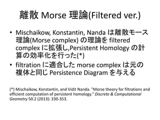 離散 Morse 理論(Filtered ver.)
• Mischaikow, Konstantin, Nanda は離散モース
理論(Morse complex) の理論を filtered
complex に拡張し,Persistent Homology の計
算の効率化を行った(*)
• filtration に適合した morse complex は元の
複体と同じ Persistence Diagram を与える
(*) Mischaikow, Konstantin, and Vidit Nanda. "Morse theory for filtrations and
efficient computation of persistent homology." Discrete & Computational
Geometry 50.2 (2013): 330-353.
 