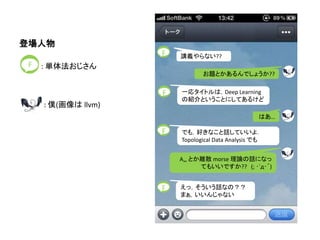 登場人物
: 単体法おじさん
: 僕(画像は llvm)
F
F 講義やらない??
お題とかあるんでしょうか??
はあ…
一応タイトルは，Deep Learning
の紹介ということにしてあるけど
F
F でも，好きなこと話していいよ．
Topological Data Analysis でも
A∞ とか離散 morse 理論の話になっ
てもいいですか?? (; ･`д･´)
F えっ，そういう話なの？？
まぁ，いいんじゃない
 