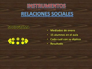 SOCIOGRAMA
• Mediados de enero
• 15 alumnos en el aula
• Cada cuál con su díptico
• Resultado
 