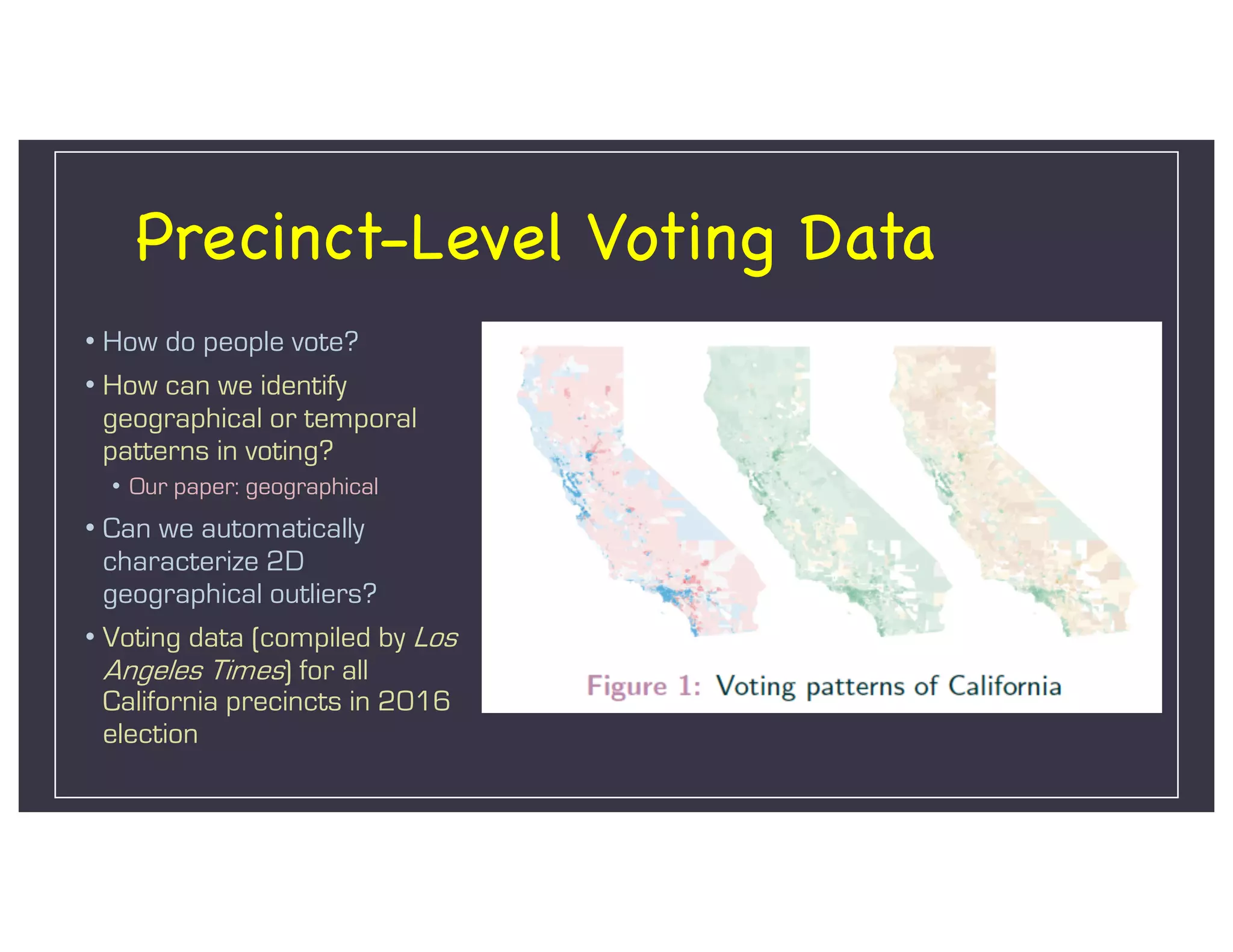 Precinct-Level Voting Data
• How do people vote?
• How can we identify
geographical or temporal
patterns in voting?
• Our paper: geographical
• Can we automatically
characterize 2D
geographical outliers?
• Voting data (compiled by Los
Angeles Times) for all
California precincts in 2016
election
 