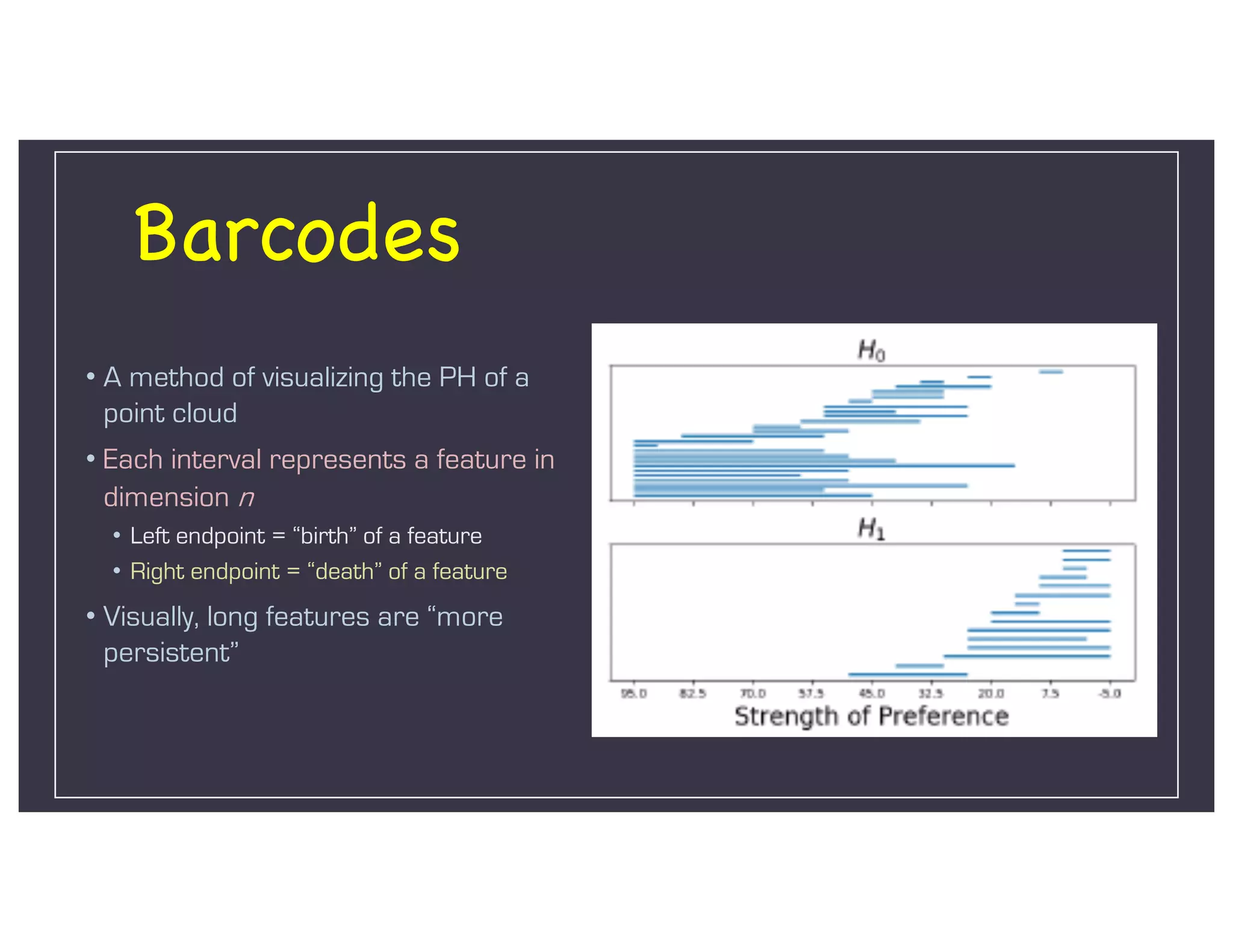 Barcodes
• A method of visualizing the PH of a
point cloud
• Each interval represents a feature in
dimension n
• Left endpoint = “birth” of a feature
• Right endpoint = “death” of a feature
• Visually, long features are “more
persistent”
 