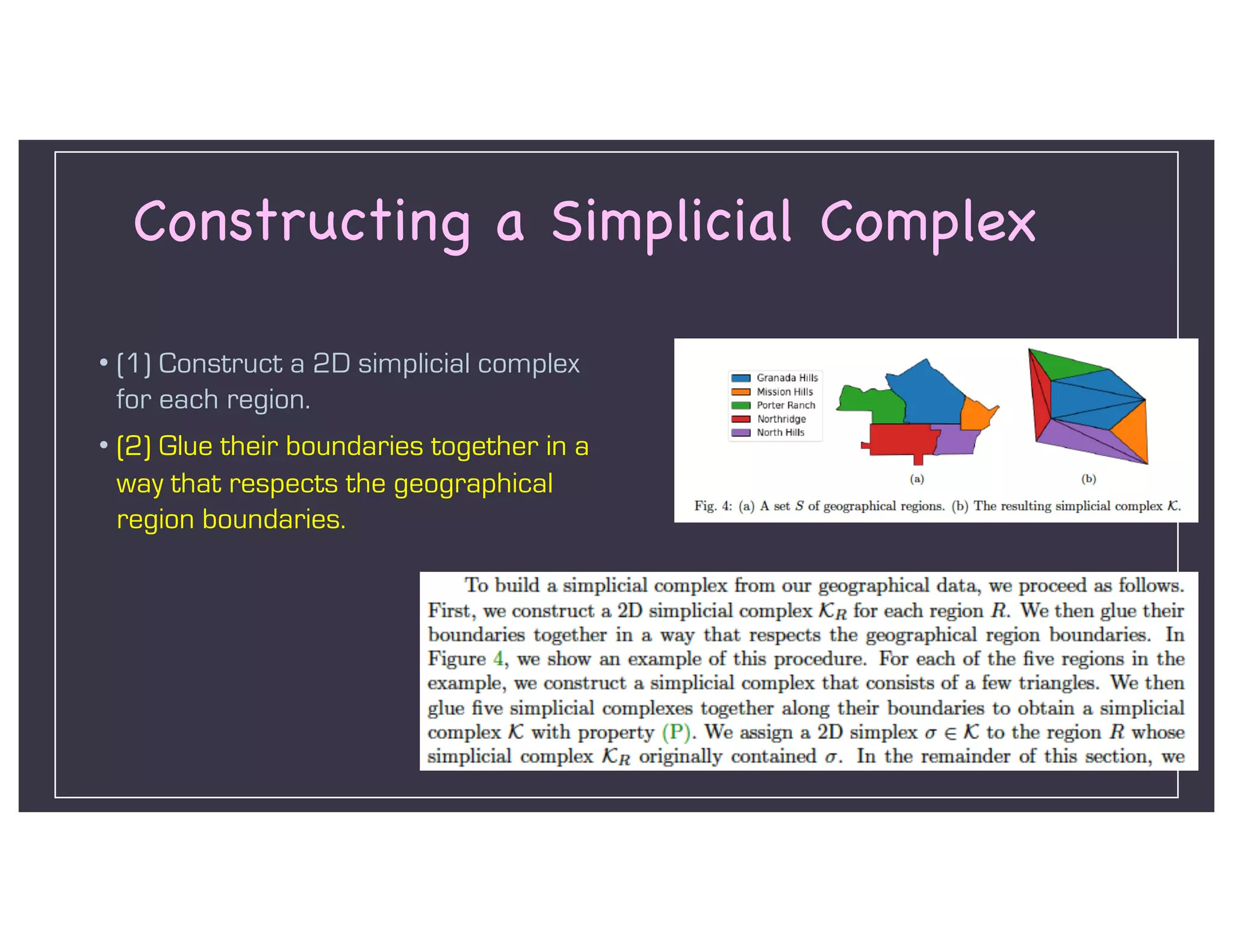 Constructing a Simplicial Complex
• (1) Construct a 2D simplicial complex
for each region.
• (2) Glue their boundaries together in a
way that respects the geographical
region boundaries.
 