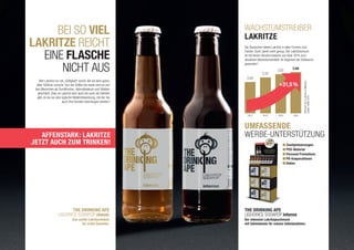 AFFENSTARK: LAKRITZE
JETZT AUCH ZUM TRINKEN!
WACHSTUMSTREIBER
LAKRITZE
Die Deutschen lieben Lakritze in allen Formen und
Farben. Doch damit nicht genug: Der Lakritzkonsum
ist mit einem Verzehrzuwachs von über 30% zum
absoluten Wachstumstreiber im Segment der Süßwaren
geworden!
Personenab14JahreninMillionen,
Quelle:VuMA2015
2011 2012 2013 2014
UMFASSENDE
WERBE-UNTERSTÜTZUNG
Zweitplatzierungen
POS-Material
Personal Promotions
PR-Kooperationen
Online
BEI SO VIEL
LAKRITZE REICHT
EINE FLASCHE
NICHT AUS
THE DRINKING APE
LIQUORICE SODAPOP intense
Der intensive Lakritzgeschmack
mit Salmiaknote für urbane Individualisten.
THE DRINKING APE
LIQUORICE SODAPOP classic
Das sanfte Lakritzerlebnis
für echte Genießer.
Wer Lakritze nur als „Süßigkeit“ kennt, der tut dem guten,
alten Süßholz unrecht. Von der Antike bis heute wird es von
den Menschen als Durstlöscher, Aphrodisiakum und Vitalizer
geschätzt. Dass es Lakritze jetzt auch als auch als Getränk
gibt, ist da nur eine logische Weiterentwicklung, mit der Sie
auch Ihre Kunden überzeugen werden!
2,04
2,32
2,53
2,68
+31,5%
 