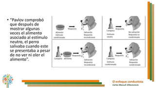 El enfoque conductista
Carlos Massuh Villavicencio
• “Pavlov comprobó
que después de
mostrar algunas
veces el alimento
asociado al estímulo
neutro, el perro
salivaba cuando este
se presentaba a pesar
de no ver ni oler el
alimento”.
 