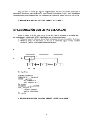 Hay que tener en cuenta que algunos programadores, no usan una variable para hacer el
seguimiento del tamaño, ya que se calcula implícitamente comparando c.ult y c.prim, pero existen
casos especiales, que nos exigen ser muy cuidadosos al modificar el código escrito de esta forma.
/* IMPLEMENTACIÓN DEL TDA COLA USANDO VECTORES */
IMPLEMENTACIÓN CON LISTAS ENLAZADAS
Como ya hemos dicho, las colas son un tipo de lista luego su definición es recursiva. Hay
dos opciones para implementar el TDA Cola (al igual que vimos con las listas):
a) Utilizando listas sin cabecera, donde la estructura esta formada por variables dinámicas.
b) Utilizando listas con cabeceras, en la que el contenido siguen siendo variables
dinámicas pero la cabecera es una variable estática.
a)
b)
En algorítmico:
{Declaración de tipos}
ELEMENTO = T; {genérico}
NODO = registro de
info : ELEMENTO;
sgte : puntero a NODO;
Fin registro;
POSICIÓN = puntero a NODO;
COLA = registro de
Longitud : numérico;
prim, ult : POSICION;
Fin registro;
/* IMPLEMENTACIÓN DEL TDA COLA USANDO LISTAS ENLAZADAS */
9
 