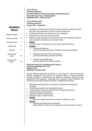Junior Planner
e>erything d.fferent
(Formerly Different Advertising Design and Marketing Ltd)
Newcastle Upon Tyne, United Kingdom
September 2012 – February 2013
Junior Planner Intern
e>erything d.fferent
August 2012 – September

TECHNICAL



SKILLS
Google Analytics

**

Photoshop CS6

***





Illustrator CS6

***



HTML/CSS

***



MS SQL

**

MS OFFICE
Suite

Developed understanding of different strategic directions, audience, creative
execution and progressions over the course of employment.
Developed client pitch presentations for new campaigns.
Researched and devised recommendations.
Applied key planning skills to develop briefs while demonstrating confidence
and considered understanding of a subject matter.
Clients:
Tommee Tippee, Chargeyourcar.org.uk and Benfield Motor group.
Projects:
 Promotional Stationery
Table top company information booklets and promotional leaflets

*****

Windows XP/
Vista/ 7



*****

Chargeyourcar.org.uk Print Ad Campaign
Consumer awareness campaign brochures
Tommee Tippee Mobile App
Market insights and Competitor analysis

Client Servicing/ Account Management (Intern)
Log5 Communications Pvt. Ltd.
Mumbai, India
September - October 2011
Secured firsthand experience of working in an Ad agency in client servicing and
account management role. Served for corporate clients in diverse industries,
including education, manufacturing, real estate and Jewellery. Managed vendor
appointment and negotiation, scheduling and monitoring creative deadlines and
maintaining and building rapport with clients, colleagues and vendors.









Performed market research on a project for clients Brand development
campaign.
Tracked best suppliers and negotiated the prices.
Communicated on daily basis with clients and creative department.
Learned industry specific jargons.
Created ad briefs for creative team.
Allocated media on behalf of client.
Clients:
 Educomp, Waldman Diamond Company and Reliance Living.
Project:
 Ambiance Campaign pitch presentation
Responsible for research and developing presentation slides and report.

 