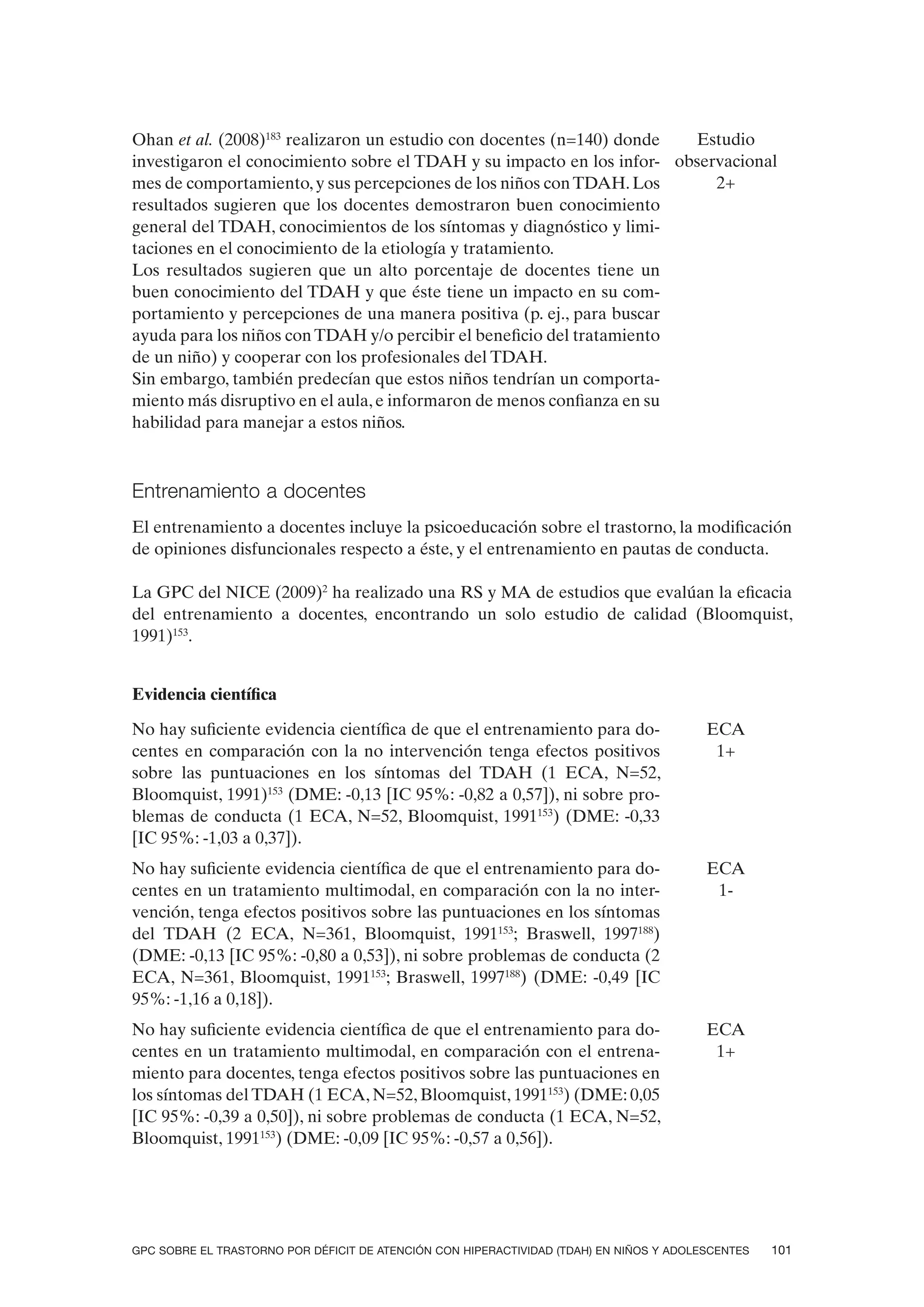 Ohan et al. (2008)183 realizaron un estudio con docentes (n=140) donde  Estudio
investigaron el conocimiento sobre el TDAH y su impacto en los infor- observacional
mes de comportamiento, y sus percepciones de los niños con TDAH. Los       2+
resultados sugieren que los docentes demostraron buen conocimiento
general del TDAH, conocimientos de los síntomas y diagnóstico y limi-
taciones en el conocimiento de la etiología y tratamiento.
Los resultados sugieren que un alto porcentaje de docentes tiene un
buen conocimiento del TDAH y que éste tiene un impacto en su com-
portamiento y percepciones de una manera positiva (p. ej., para buscar
ayuda para los niños con TDAH y/o percibir el beneficio del tratamiento
de un niño) y cooperar con los profesionales del TDAH.
Sin embargo, también predecían que estos niños tendrían un comporta-
miento más disruptivo en el aula, e informaron de menos confianza en su
habilidad para manejar a estos niños.



Entrenamiento a docentes
El entrenamiento a docentes incluye la psicoeducación sobre el trastorno, la modificación
de opiniones disfuncionales respecto a éste, y el entrenamiento en pautas de conducta.

La GPC del NICE (2009)2 ha realizado una RS y MA de estudios que evalúan la eficacia
del entrenamiento a docentes, encontrando un solo estudio de calidad (Bloomquist,
1991)153.


Evidencia científica

No hay suficiente evidencia científica de que el entrenamiento para do-                  ECA
centes en comparación con la no intervención tenga efectos positivos                      1+
sobre las puntuaciones en los síntomas del TDAH (1 ECA, N=52,
Bloomquist, 1991)153 (DME: -0,13 [IC 95%: -0,82 a 0,57]), ni sobre pro-
blemas de conducta (1 ECA, N=52, Bloomquist, 1991153) (DME: -0,33
[IC 95%: -1,03 a 0,37]).
No hay suficiente evidencia científica de que el entrenamiento para do-                  ECA
centes en un tratamiento multimodal, en comparación con la no inter-                      1-
vención, tenga efectos positivos sobre las puntuaciones en los síntomas
del TDAH (2 ECA, N=361, Bloomquist, 1991153; Braswell, 1997188)
(DME: -0,13 [IC 95%: -0,80 a 0,53]), ni sobre problemas de conducta (2
ECA, N=361, Bloomquist, 1991153; Braswell, 1997188) (DME: -0,49 [IC
95%: -1,16 a 0,18]).
No hay suficiente evidencia científica de que el entrenamiento para do-                  ECA
centes en un tratamiento multimodal, en comparación con el entrena-                       1+
miento para docentes, tenga efectos positivos sobre las puntuaciones en
los síntomas del TDAH (1 ECA, N=52, Bloomquist, 1991153) (DME: 0,05
[IC 95%: -0,39 a 0,50]), ni sobre problemas de conducta (1 ECA, N=52,
Bloomquist, 1991153) (DME: -0,09 [IC 95%: -0,57 a 0,56]).




GPC SOBRE EL TRASTORNO POR DÉFICIT DE ATENCIÓN CON HIPERACTIVIDAD (TDAH) EN NIÑOS Y ADOLESCENTES   101
 