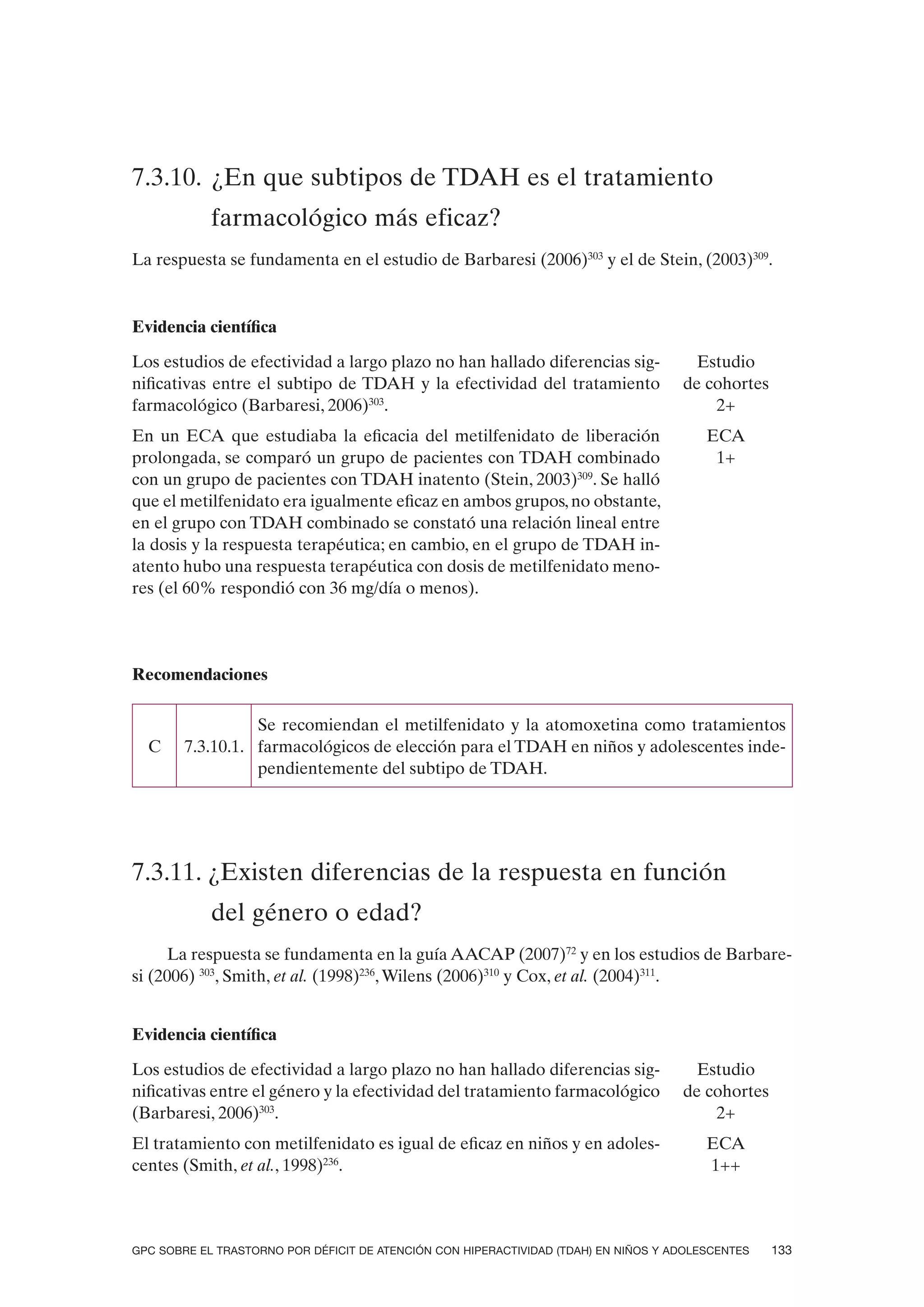7.3.10. ¿En que subtipos de TDAH es el tratamiento
            farmacológico más eficaz?
La respuesta se fundamenta en el estudio de Barbaresi (2006)303 y el de Stein, (2003)309.


Evidencia científica

Los estudios de efectividad a largo plazo no han hallado diferencias sig-              Estudio
nificativas entre el subtipo de TDAH y la efectividad del tratamiento                de cohortes
farmacológico (Barbaresi, 2006)303.                                                      2+
En un ECA que estudiaba la eficacia del metilfenidato de liberación                      ECA
prolongada, se comparó un grupo de pacientes con TDAH combinado                           1+
con un grupo de pacientes con TDAH inatento (Stein, 2003)309. Se halló
que el metilfenidato era igualmente eficaz en ambos grupos, no obstante,
en el grupo con TDAH combinado se constató una relación lineal entre
la dosis y la respuesta terapéutica; en cambio, en el grupo de TDAH in-
atento hubo una respuesta terapéutica con dosis de metilfenidato meno-
res (el 60% respondió con 36 mg/día o menos).




Recomendaciones

                  Se recomiendan el metilfenidato y la atomoxetina como tratamientos
  C     7.3.10.1. farmacológicos de elección para el TDAH en niños y adolescentes inde-
                  pendientemente del subtipo de TDAH.




7.3.11. ¿Existen diferencias de la respuesta en función
            del género o edad?
      La respuesta se fundamenta en la guía AACAP (2007)72 y en los estudios de Barbare-
si (2006) 303, Smith, et al. (1998)236, Wilens (2006)310 y Cox, et al. (2004)311.


Evidencia científica

Los estudios de efectividad a largo plazo no han hallado diferencias sig-              Estudio
nificativas entre el género y la efectividad del tratamiento farmacológico           de cohortes
(Barbaresi, 2006)303.                                                                    2+
El tratamiento con metilfenidato es igual de eficaz en niños y en adoles-                ECA
centes (Smith, et al., 1998)236.                                                         1++



GPC SOBRE EL TRASTORNO POR DÉFICIT DE ATENCIÓN CON HIPERACTIVIDAD (TDAH) EN NIÑOS Y ADOLESCENTES   133
 