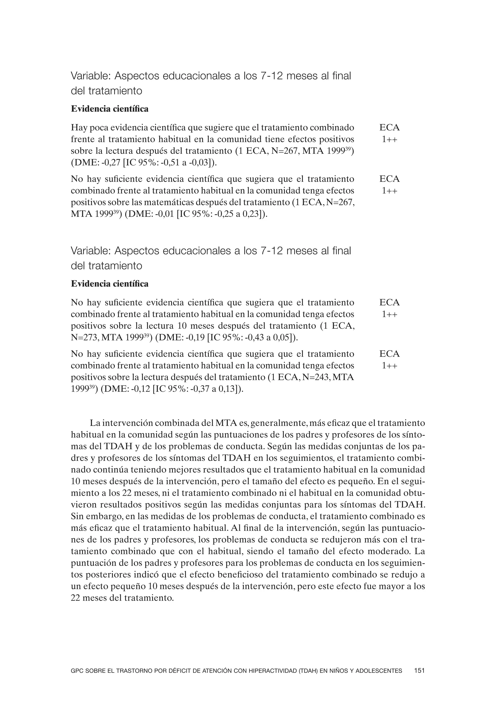 Variable: Aspectos educacionales a los 7-12 meses al final
del tratamiento
Evidencia científica

Hay poca evidencia científica que sugiere que el tratamiento combinado                   ECA
frente al tratamiento habitual en la comunidad tiene efectos positivos                   1++
sobre la lectura después del tratamiento (1 ECA, N=267, MTA 199939)
(DME: -0,27 [IC 95%: -0,51 a -0,03]).
No hay suficiente evidencia científica que sugiera que el tratamiento                    ECA
combinado frente al tratamiento habitual en la comunidad tenga efectos                   1++
positivos sobre las matemáticas después del tratamiento (1 ECA, N=267,
MTA 199939) (DME: -0,01 [IC 95%: -0,25 a 0,23]).



Variable: Aspectos educacionales a los 7-12 meses al final
del tratamiento
Evidencia científica

No hay suficiente evidencia científica que sugiera que el tratamiento                    ECA
combinado frente al tratamiento habitual en la comunidad tenga efectos                   1++
positivos sobre la lectura 10 meses después del tratamiento (1 ECA,
N=273, MTA 199939) (DME: -0,19 [IC 95%: -0,43 a 0,05]).
No hay suficiente evidencia científica que sugiera que el tratamiento                    ECA
combinado frente al tratamiento habitual en la comunidad tenga efectos                   1++
positivos sobre la lectura después del tratamiento (1 ECA, N=243, MTA
199939) (DME: -0,12 [IC 95%: -0,37 a 0,13]).


     La intervención combinada del MTA es, generalmente, más eficaz que el tratamiento
habitual en la comunidad según las puntuaciones de los padres y profesores de los sínto-
mas del TDAH y de los problemas de conducta. Según las medidas conjuntas de los pa-
dres y profesores de los síntomas del TDAH en los seguimientos, el tratamiento combi-
nado continúa teniendo mejores resultados que el tratamiento habitual en la comunidad
10 meses después de la intervención, pero el tamaño del efecto es pequeño. En el segui-
miento a los 22 meses, ni el tratamiento combinado ni el habitual en la comunidad obtu-
vieron resultados positivos según las medidas conjuntas para los síntomas del TDAH.
Sin embargo, en las medidas de los problemas de conducta, el tratamiento combinado es
más eficaz que el tratamiento habitual. Al final de la intervención, según las puntuacio-
nes de los padres y profesores, los problemas de conducta se redujeron más con el tra-
tamiento combinado que con el habitual, siendo el tamaño del efecto moderado. La
puntuación de los padres y profesores para los problemas de conducta en los seguimien-
tos posteriores indicó que el efecto beneficioso del tratamiento combinado se redujo a
un efecto pequeño 10 meses después de la intervención, pero este efecto fue mayor a los
22 meses del tratamiento.




GPC SOBRE EL TRASTORNO POR DÉFICIT DE ATENCIÓN CON HIPERACTIVIDAD (TDAH) EN NIÑOS Y ADOLESCENTES   151
 