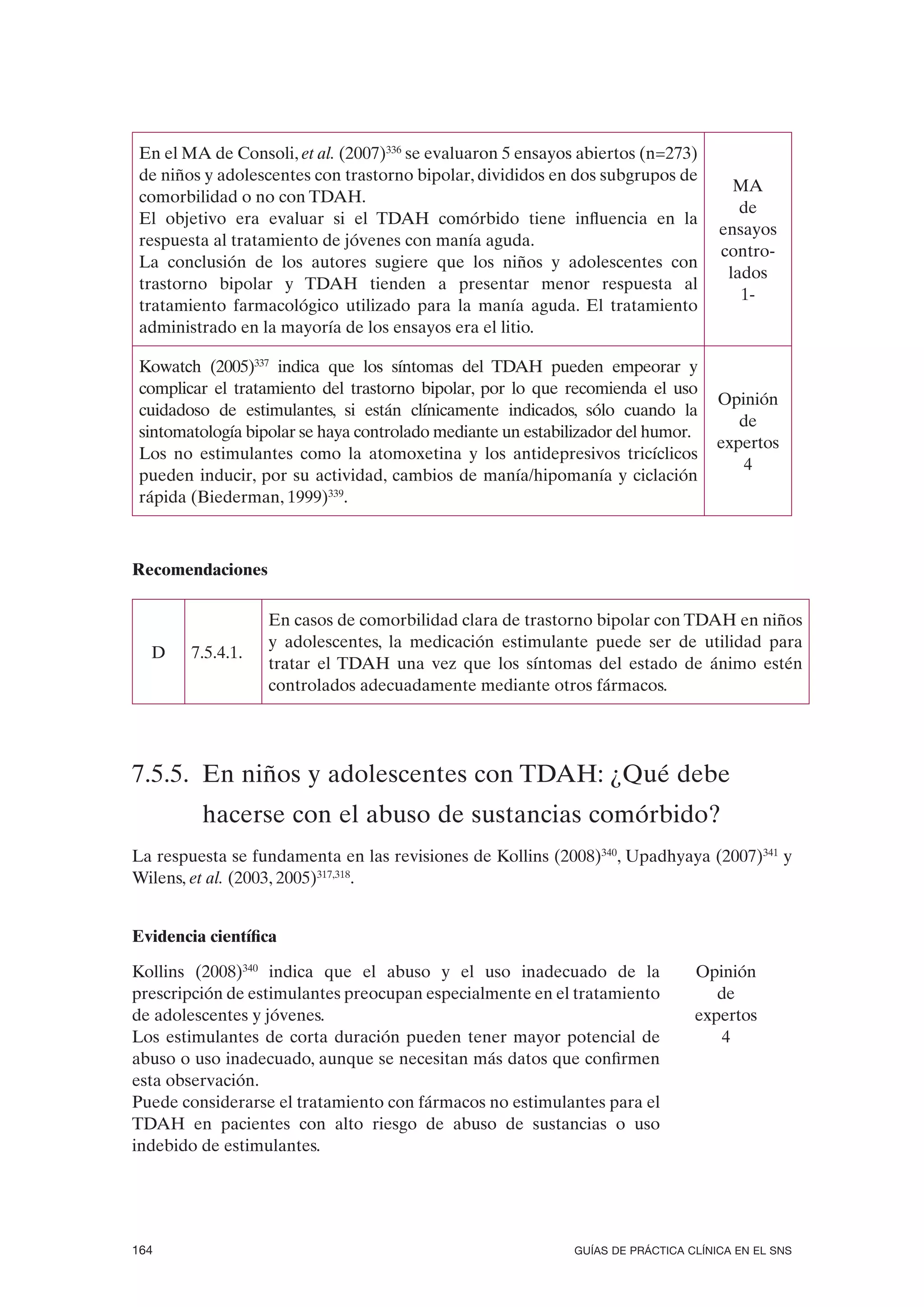 En el MA de Consoli, et al. (2007)336 se evaluaron 5 ensayos abiertos (n=273)
 de niños y adolescentes con trastorno bipolar, divididos en dos subgrupos de
                                                                                      MA
 comorbilidad o no con TDAH.
                                                                                       de
 El objetivo era evaluar si el TDAH comórbido tiene influencia en la
                                                                                    ensayos
 respuesta al tratamiento de jóvenes con manía aguda.
                                                                                    contro-
 La conclusión de los autores sugiere que los niños y adolescentes con
                                                                                     lados
 trastorno bipolar y TDAH tienden a presentar menor respuesta al
                                                                                       1-
 tratamiento farmacológico utilizado para la manía aguda. El tratamiento
 administrado en la mayoría de los ensayos era el litio.

 Kowatch (2005)337 indica que los síntomas del TDAH pueden empeorar y
 complicar el tratamiento del trastorno bipolar, por lo que recomienda el uso
                                                                                   Opinión
 cuidadoso de estimulantes, si están clínicamente indicados, sólo cuando la
                                                                                      de
 sintomatología bipolar se haya controlado mediante un estabilizador del humor.
                                                                                   expertos
 Los no estimulantes como la atomoxetina y los antidepresivos tricíclicos
                                                                                      4
 pueden inducir, por su actividad, cambios de manía/hipomanía y ciclación
 rápida (Biederman, 1999)339.



Recomendaciones

                   En casos de comorbilidad clara de trastorno bipolar con TDAH en niños
                   y adolescentes, la medicación estimulante puede ser de utilidad para
  D     7.5.4.1.
                   tratar el TDAH una vez que los síntomas del estado de ánimo estén
                   controlados adecuadamente mediante otros fármacos.




7.5.5. En niños y adolescentes con TDAH: ¿Qué debe
         hacerse con el abuso de sustancias comórbido?
La respuesta se fundamenta en las revisiones de Kollins (2008)340, Upadhyaya (2007)341 y
Wilens, et al. (2003, 2005)317,318.


Evidencia científica

Kollins (2008)340 indica que el abuso y el uso inadecuado de la                 Opinión
prescripción de estimulantes preocupan especialmente en el tratamiento             de
de adolescentes y jóvenes.                                                      expertos
Los estimulantes de corta duración pueden tener mayor potencial de                 4
abuso o uso inadecuado, aunque se necesitan más datos que confirmen
esta observación.
Puede considerarse el tratamiento con fármacos no estimulantes para el
TDAH en pacientes con alto riesgo de abuso de sustancias o uso
indebido de estimulantes.




164                                                          GUÍAS DE PRÁCTICA CLÍNICA EN EL SNS
 
