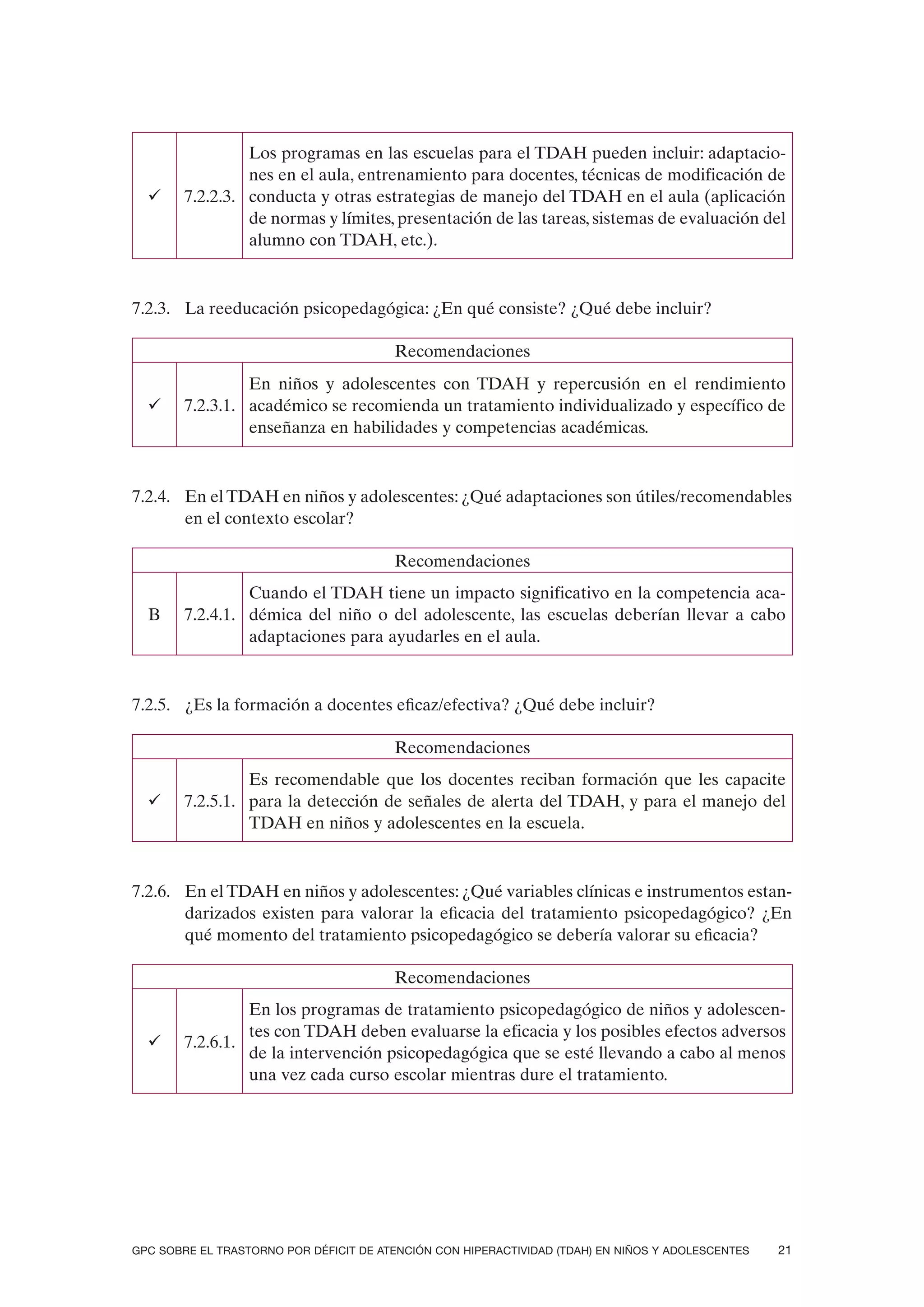 Los programas en las escuelas para el TDAH pueden incluir: adaptacio-
                 nes en el aula, entrenamiento para docentes, técnicas de modificación de
  ü     7.2.2.3. conducta y otras estrategias de manejo del TDAH en el aula (aplicación
                 de normas y límites, presentación de las tareas, sistemas de evaluación del
                 alumno con TDAH, etc.).



7.2.3. La reeducación psicopedagógica: ¿En qué consiste? ¿Qué debe incluir?

                                        Recomendaciones
                 En niños y adolescentes con TDAH y repercusión en el rendimiento
  ü     7.2.3.1. académico se recomienda un tratamiento individualizado y específico de
                 enseñanza en habilidades y competencias académicas.



7.2.4. En el TDAH en niños y adolescentes: ¿Qué adaptaciones son útiles/recomendables
       en el contexto escolar?

                                        Recomendaciones
                 Cuando el TDAH tiene un impacto significativo en la competencia aca-
  B     7.2.4.1. démica del niño o del adolescente, las escuelas deberían llevar a cabo
                 adaptaciones para ayudarles en el aula.



7.2.5. ¿Es la formación a docentes eficaz/efectiva? ¿Qué debe incluir?

                                        Recomendaciones
                 Es recomendable que los docentes reciban formación que les capacite
  ü     7.2.5.1. para la detección de señales de alerta del TDAH, y para el manejo del
                 TDAH en niños y adolescentes en la escuela.



7.2.6. En el TDAH en niños y adolescentes: ¿Qué variables clínicas e instrumentos estan-
       darizados existen para valorar la eficacia del tratamiento psicopedagógico? ¿En
       qué momento del tratamiento psicopedagógico se debería valorar su eficacia?

                                        Recomendaciones
                 En los programas de tratamiento psicopedagógico de niños y adolescen-
                 tes con TDAH deben evaluarse la eficacia y los posibles efectos adversos
  ü     7.2.6.1.
                 de la intervención psicopedagógica que se esté llevando a cabo al menos
                 una vez cada curso escolar mientras dure el tratamiento.




GPC SOBRE EL TRASTORNO POR DÉFICIT DE ATENCIÓN CON HIPERACTIVIDAD (TDAH) EN NIÑOS Y ADOLESCENTES   21
 