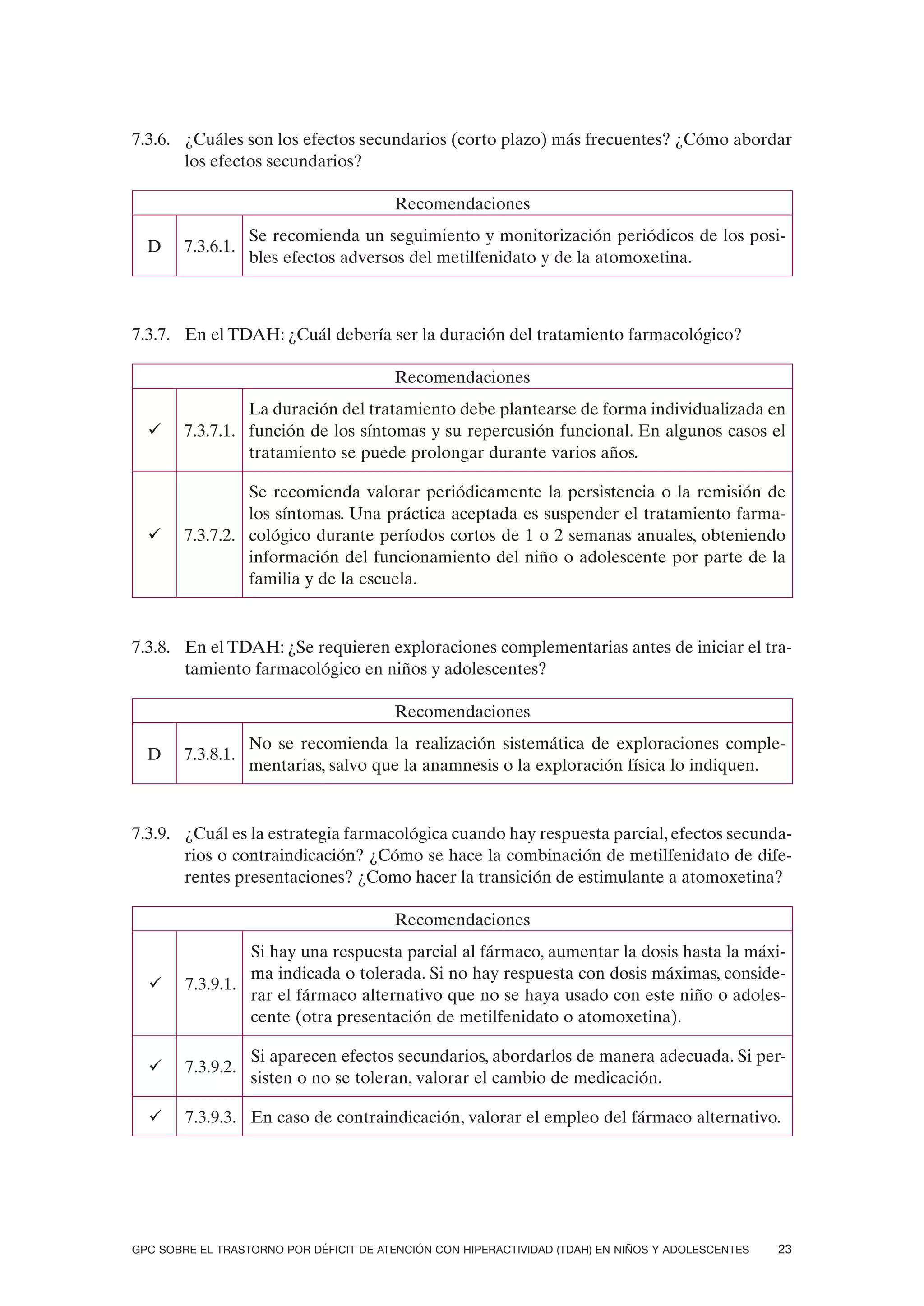 7.3.6. ¿Cuáles son los efectos secundarios (corto plazo) más frecuentes? ¿Cómo abordar
       los efectos secundarios?

                                        Recomendaciones
                   Se recomienda un seguimiento y monitorización periódicos de los posi-
  D     7.3.6.1.
                   bles efectos adversos del metilfenidato y de la atomoxetina.



7.3.7. En el TDAH: ¿Cuál debería ser la duración del tratamiento farmacológico?

                                        Recomendaciones
                 La duración del tratamiento debe plantearse de forma individualizada en
  ü     7.3.7.1. función de los síntomas y su repercusión funcional. En algunos casos el
                 tratamiento se puede prolongar durante varios años.

                 Se recomienda valorar periódicamente la persistencia o la remisión de
                 los síntomas. Una práctica aceptada es suspender el tratamiento farma-
  ü     7.3.7.2. cológico durante períodos cortos de 1 o 2 semanas anuales, obteniendo
                 información del funcionamiento del niño o adolescente por parte de la
                 familia y de la escuela.



7.3.8. En el TDAH: ¿Se requieren exploraciones complementarias antes de iniciar el tra-
       tamiento farmacológico en niños y adolescentes?

                                        Recomendaciones
                   No se recomienda la realización sistemática de exploraciones comple-
  D     7.3.8.1.
                   mentarias, salvo que la anamnesis o la exploración física lo indiquen.



7.3.9. ¿Cuál es la estrategia farmacológica cuando hay respuesta parcial, efectos secunda-
       rios o contraindicación? ¿Cómo se hace la combinación de metilfenidato de dife-
       rentes presentaciones? ¿Como hacer la transición de estimulante a atomoxetina?

                                        Recomendaciones
                 Si hay una respuesta parcial al fármaco, aumentar la dosis hasta la máxi-
                 ma indicada o tolerada. Si no hay respuesta con dosis máximas, conside-
  ü     7.3.9.1.
                 rar el fármaco alternativo que no se haya usado con este niño o adoles-
                 cente (otra presentación de metilfenidato o atomoxetina).

                   Si aparecen efectos secundarios, abordarlos de manera adecuada. Si per-
  ü     7.3.9.2.
                   sisten o no se toleran, valorar el cambio de medicación.

  ü     7.3.9.3. En caso de contraindicación, valorar el empleo del fármaco alternativo.




GPC SOBRE EL TRASTORNO POR DÉFICIT DE ATENCIÓN CON HIPERACTIVIDAD (TDAH) EN NIÑOS Y ADOLESCENTES   23
 