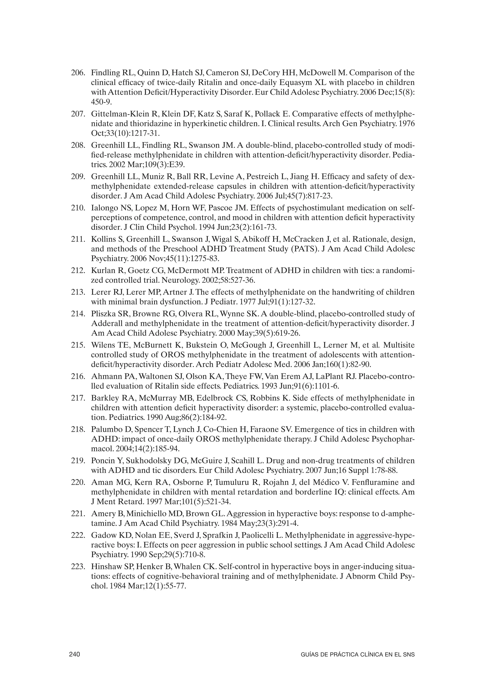 206. Findling RL, Quinn D, Hatch SJ, Cameron SJ, DeCory HH, McDowell M. Comparison of the
     clinical efficacy of twice-daily Ritalin and once-daily Equasym XL with placebo in children
     with Attention Deficit/Hyperactivity Disorder. Eur Child Adolesc Psychiatry. 2006 Dec;15(8):
     450-9.
207. Gittelman-Klein R, Klein DF, Katz S, Saraf K, Pollack E. Comparative effects of methylphe-
     nidate and thioridazine in hyperkinetic children. I. Clinical results. Arch Gen Psychiatry. 1976
     Oct;33(10):1217-31.
208. Greenhill LL, Findling RL, Swanson JM. A double-blind, placebo-controlled study of modi-
     fied-release methylphenidate in children with attention-deficit/hyperactivity disorder. Pedia-
     trics. 2002 Mar;109(3):E39.
209. Greenhill LL, Muniz R, Ball RR, Levine A, Pestreich L, Jiang H. Efficacy and safety of dex-
     methylphenidate extended-release capsules in children with attention-deficit/hyperactivity
     disorder. J Am Acad Child Adolesc Psychiatry. 2006 Jul;45(7):817-23.
210. Ialongo NS, Lopez M, Horn WF, Pascoe JM. Effects of psychostimulant medication on self-
     perceptions of competence, control, and mood in children with attention deficit hyperactivity
     disorder. J Clin Child Psychol. 1994 Jun;23(2):161-73.
211. Kollins S, Greenhill L, Swanson J, Wigal S, Abikoff H, McCracken J, et al. Rationale, design,
     and methods of the Preschool ADHD Treatment Study (PATS). J Am Acad Child Adolesc
     Psychiatry. 2006 Nov;45(11):1275-83.
212. Kurlan R, Goetz CG, McDermott MP. Treatment of ADHD in children with tics: a randomi-
     zed controlled trial. Neurology. 2002;58:527-36.
213. Lerer RJ, Lerer MP, Artner J. The effects of methylphenidate on the handwriting of children
     with minimal brain dysfunction. J Pediatr. 1977 Jul;91(1):127-32.
214. Pliszka SR, Browne RG, Olvera RL, Wynne SK. A double-blind, placebo-controlled study of
     Adderall and methylphenidate in the treatment of attention-deficit/hyperactivity disorder. J
     Am Acad Child Adolesc Psychiatry. 2000 May;39(5):619-26.
215. Wilens TE, McBurnett K, Bukstein O, McGough J, Greenhill L, Lerner M, et al. Multisite
     controlled study of OROS methylphenidate in the treatment of adolescents with attention-
     deficit/hyperactivity disorder. Arch Pediatr Adolesc Med. 2006 Jan;160(1):82-90.
216. Ahmann PA, Waltonen SJ, Olson KA, Theye FW, Van Erem AJ, LaPlant RJ. Placebo-contro-
     lled evaluation of Ritalin side effects. Pediatrics. 1993 Jun;91(6):1101-6.
217. Barkley RA, McMurray MB, Edelbrock CS, Robbins K. Side effects of methylphenidate in
     children with attention deficit hyperactivity disorder: a systemic, placebo-controlled evalua-
     tion. Pediatrics. 1990 Aug;86(2):184-92.
218. Palumbo D, Spencer T, Lynch J, Co-Chien H, Faraone SV. Emergence of tics in children with
     ADHD: impact of once-daily OROS methylphenidate therapy. J Child Adolesc Psychophar-
     macol. 2004;14(2):185-94.
219. Poncin Y, Sukhodolsky DG, McGuire J, Scahill L. Drug and non-drug treatments of children
     with ADHD and tic disorders. Eur Child Adolesc Psychiatry. 2007 Jun;16 Suppl 1:78-88.
220. Aman MG, Kern RA, Osborne P, Tumuluru R, Rojahn J, del Médico V. Fenfluramine and
     methylphenidate in children with mental retardation and borderline IQ: clinical effects. Am
     J Ment Retard. 1997 Mar;101(5):521-34.
221. Amery B, Minichiello MD, Brown GL. Aggression in hyperactive boys: response to d-amphe-
     tamine. J Am Acad Child Psychiatry. 1984 May;23(3):291-4.
222. Gadow KD, Nolan EE, Sverd J, Sprafkin J, Paolicelli L. Methylphenidate in aggressive-hype-
     ractive boys: I. Effects on peer aggression in public school settings. J Am Acad Child Adolesc
     Psychiatry. 1990 Sep;29(5):710-8.
223. Hinshaw SP, Henker B, Whalen CK. Self-control in hyperactive boys in anger-inducing situa-
     tions: effects of cognitive-behavioral training and of methylphenidate. J Abnorm Child Psy-
     chol. 1984 Mar;12(1):55-77.




240                                                                GUÍAS DE PRÁCTICA CLÍNICA EN EL SNS
 