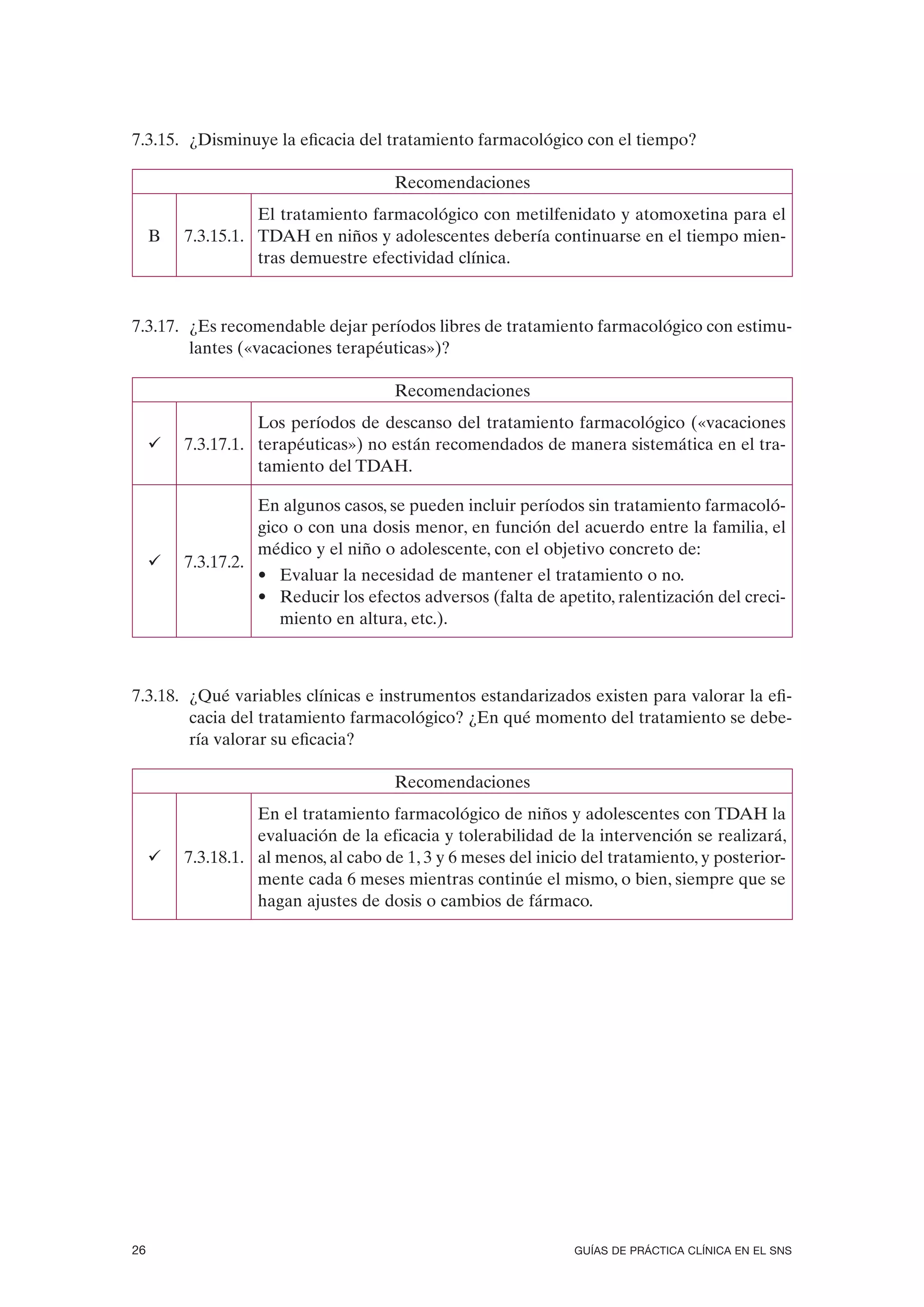 7.3.15. ¿Disminuye la eficacia del tratamiento farmacológico con el tiempo?

                                        Recomendaciones
                   El tratamiento farmacológico con metilfenidato y atomoxetina para el
     B   7.3.15.1. TDAH en niños y adolescentes debería continuarse en el tiempo mien-
                   tras demuestre efectividad clínica.



7.3.17. ¿Es recomendable dejar períodos libres de tratamiento farmacológico con estimu-
        lantes («vacaciones terapéuticas»)?

                                        Recomendaciones
                   Los períodos de descanso del tratamiento farmacológico («vacaciones
     ü   7.3.17.1. terapéuticas») no están recomendados de manera sistemática en el tra-
                   tamiento del TDAH.

                     En algunos casos, se pueden incluir períodos sin tratamiento farmacoló-
                     gico o con una dosis menor, en función del acuerdo entre la familia, el
                     médico y el niño o adolescente, con el objetivo concreto de:
     ü   7.3.17.2.
                     • Evaluar la necesidad de mantener el tratamiento o no.
                     • Reducir los efectos adversos (falta de apetito, ralentización del creci-
                       miento en altura, etc.).



7.3.18. ¿Qué variables clínicas e instrumentos estandarizados existen para valorar la efi-
        cacia del tratamiento farmacológico? ¿En qué momento del tratamiento se debe-
        ría valorar su eficacia?

                                        Recomendaciones
                   En el tratamiento farmacológico de niños y adolescentes con TDAH la
                   evaluación de la eficacia y tolerabilidad de la intervención se realizará,
     ü   7.3.18.1. al menos, al cabo de 1, 3 y 6 meses del inicio del tratamiento, y posterior-
                   mente cada 6 meses mientras continúe el mismo, o bien, siempre que se
                   hagan ajustes de dosis o cambios de fármaco.




26                                                               GUÍAS DE PRÁCTICA CLÍNICA EN EL SNS
 