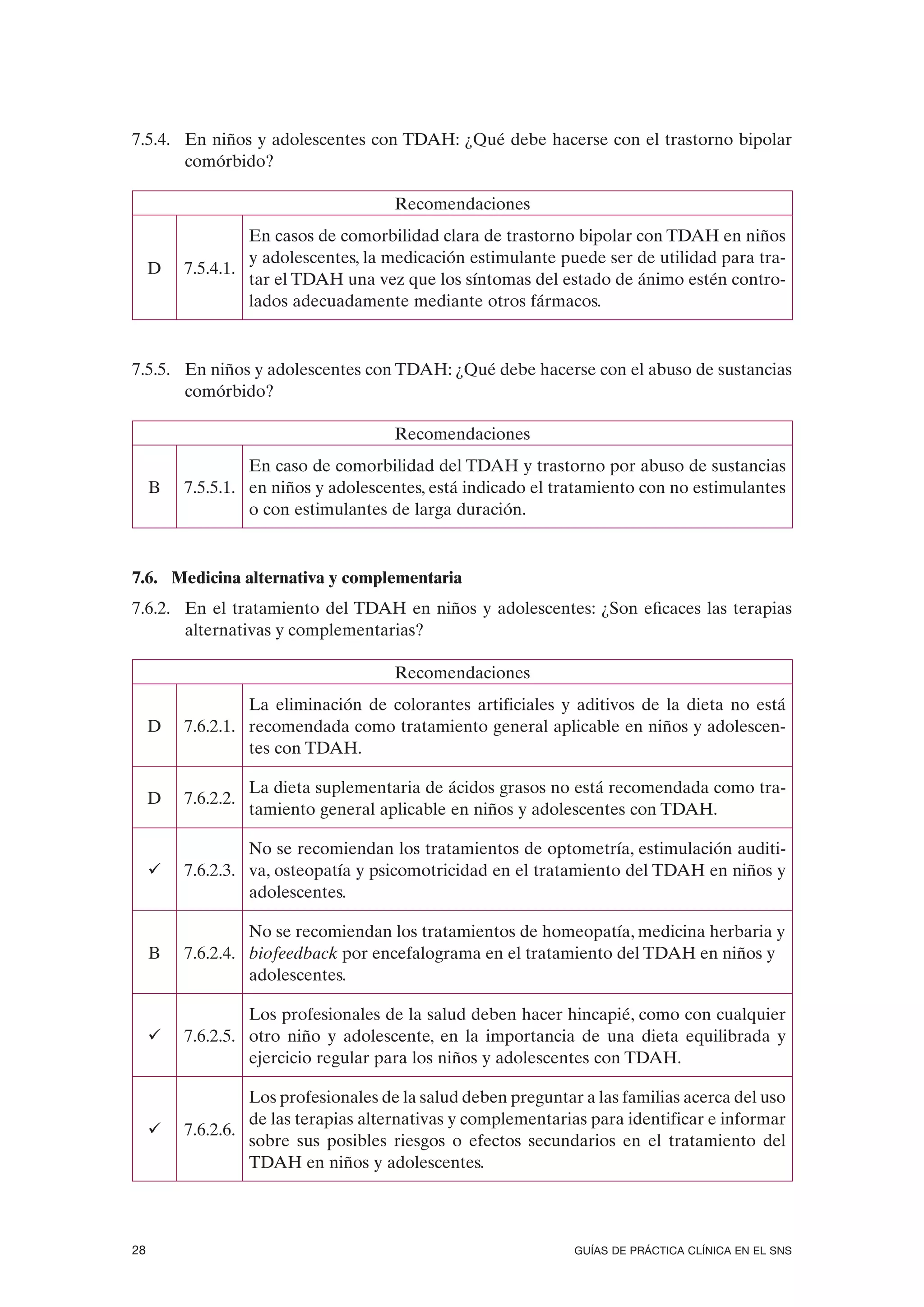 7.5.4. En niños y adolescentes con TDAH: ¿Qué debe hacerse con el trastorno bipolar
       comórbido?

                                      Recomendaciones
                  En casos de comorbilidad clara de trastorno bipolar con TDAH en niños
                  y adolescentes, la medicación estimulante puede ser de utilidad para tra-
     D   7.5.4.1.
                  tar el TDAH una vez que los síntomas del estado de ánimo estén contro-
                  lados adecuadamente mediante otros fármacos.



7.5.5. En niños y adolescentes con TDAH: ¿Qué debe hacerse con el abuso de sustancias
       comórbido?

                                      Recomendaciones
                  En caso de comorbilidad del TDAH y trastorno por abuso de sustancias
     B   7.5.5.1. en niños y adolescentes, está indicado el tratamiento con no estimulantes
                  o con estimulantes de larga duración.



7.6. Medicina alternativa y complementaria
7.6.2. En el tratamiento del TDAH en niños y adolescentes: ¿Son eficaces las terapias
       alternativas y complementarias?

                                      Recomendaciones
                  La eliminación de colorantes artificiales y aditivos de la dieta no está
     D   7.6.2.1. recomendada como tratamiento general aplicable en niños y adolescen-
                  tes con TDAH.

                    La dieta suplementaria de ácidos grasos no está recomendada como tra-
     D   7.6.2.2.
                    tamiento general aplicable en niños y adolescentes con TDAH.

                  No se recomiendan los tratamientos de optometría, estimulación auditi-
     ü   7.6.2.3. va, osteopatía y psicomotricidad en el tratamiento del TDAH en niños y
                  adolescentes.

                  No se recomiendan los tratamientos de homeopatía, medicina herbaria y
     B   7.6.2.4. biofeedback por encefalograma en el tratamiento del TDAH en niños y
                  adolescentes.

                  Los profesionales de la salud deben hacer hincapié, como con cualquier
     ü   7.6.2.5. otro niño y adolescente, en la importancia de una dieta equilibrada y
                  ejercicio regular para los niños y adolescentes con TDAH.

                  Los profesionales de la salud deben preguntar a las familias acerca del uso
                  de las terapias alternativas y complementarias para identificar e informar
     ü   7.6.2.6.
                  sobre sus posibles riesgos o efectos secundarios en el tratamiento del
                  TDAH en niños y adolescentes.




28                                                             GUÍAS DE PRÁCTICA CLÍNICA EN EL SNS
 