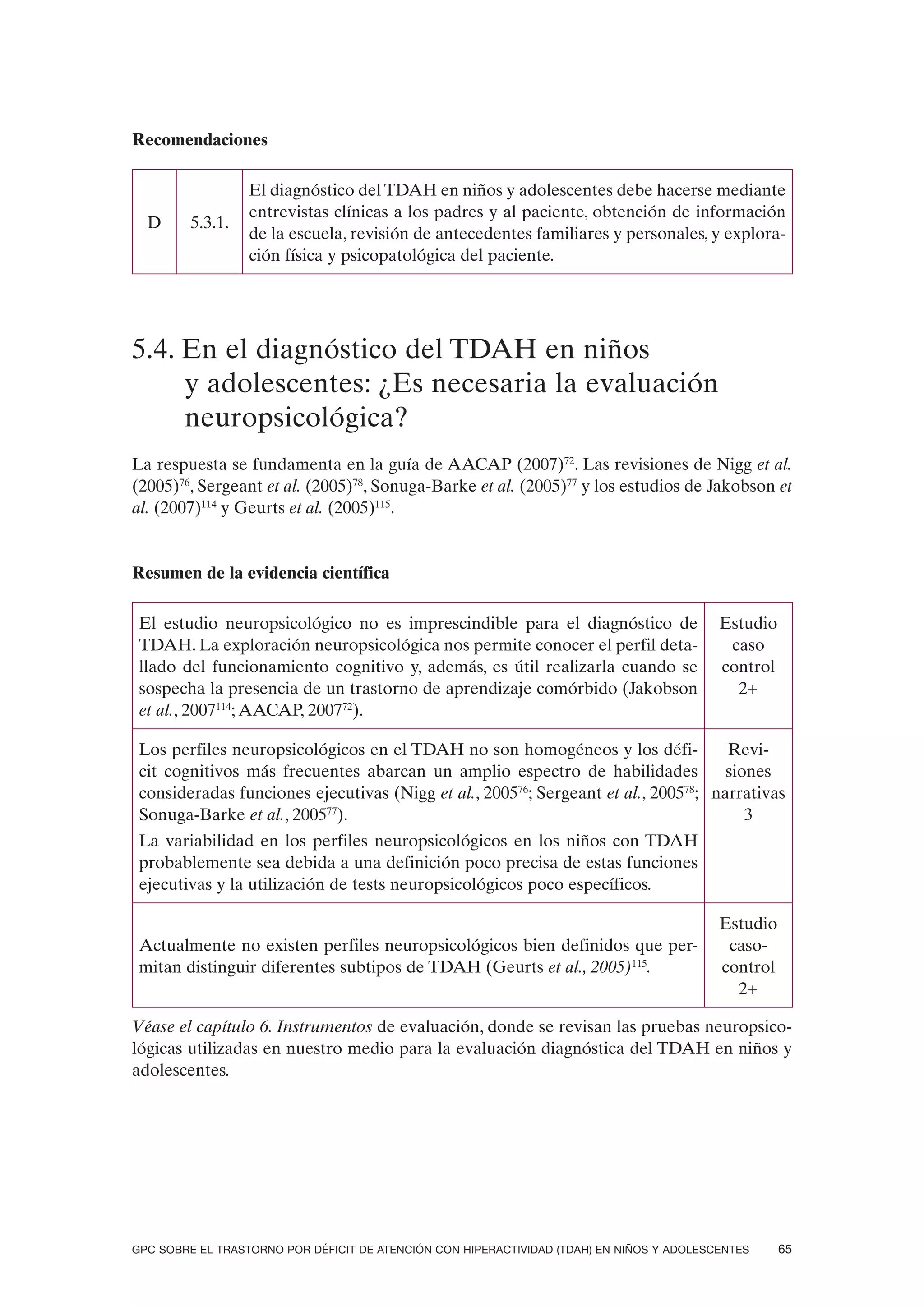 Recomendaciones

                  El diagnóstico del TDAH en niños y adolescentes debe hacerse mediante
                  entrevistas clínicas a los padres y al paciente, obtención de información
  D      5.3.1.
                  de la escuela, revisión de antecedentes familiares y personales, y explora-
                  ción física y psicopatológica del paciente.




5.4. En el diagnóstico del TDAH en niños
     y adolescentes: ¿Es necesaria la evaluación
     neuropsicológica?
La respuesta se fundamenta en la guía de AACAP (2007)72. Las revisiones de Nigg et al.
(2005)76, Sergeant et al. (2005)78, Sonuga-Barke et al. (2005)77 y los estudios de Jakobson et
al. (2007)114 y Geurts et al. (2005)115.


Resumen de la evidencia científica

 El estudio neuropsicológico no es imprescindible para el diagnóstico de                   Estudio
 TDAH. La exploración neuropsicológica nos permite conocer el perfil deta-                  caso
 llado del funcionamiento cognitivo y, además, es útil realizarla cuando se                control
 sospecha la presencia de un trastorno de aprendizaje comórbido (Jakobson                    2+
 et al., 2007114; AACAP, 200772).

 Los perfiles neuropsicológicos en el TDAH no son homogéneos y los défi-            Revi-
 cit cognitivos más frecuentes abarcan un amplio espectro de habilidades            siones
 consideradas funciones ejecutivas (Nigg et al., 200576; Sergeant et al., 200578; narrativas
 Sonuga-Barke et al., 200577).                                                         3
 La variabilidad en los perfiles neuropsicológicos en los niños con TDAH
 probablemente sea debida a una definición poco precisa de estas funciones
 ejecutivas y la utilización de tests neuropsicológicos poco específicos.

                                                                                           Estudio
 Actualmente no existen perfiles neuropsicológicos bien definidos que per-                  caso-
 mitan distinguir diferentes subtipos de TDAH (Geurts et al., 2005)115.                    control
                                                                                             2+

Véase el capítulo 6. Instrumentos de evaluación, donde se revisan las pruebas neuropsico-
lógicas utilizadas en nuestro medio para la evaluación diagnóstica del TDAH en niños y
adolescentes.




GPC SOBRE EL TRASTORNO POR DÉFICIT DE ATENCIÓN CON HIPERACTIVIDAD (TDAH) EN NIÑOS Y ADOLESCENTES     65
 