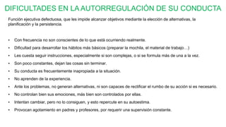 DIFICULTADES EN LA AUTORREGULACIÓN DE SU CONDUCTA
Función ejecutiva defectuosa, que les impide alcanzar objetivos mediante la elección de alternativas, la
planificación y la persistencia.
• Con frecuencia no son conscientes de lo que está ocurriendo realmente.
• Dificultad para desarrollar los hábitos más básicos (preparar la mochila, el material de trabajo…)
• Les cuesta seguir instrucciones, especialmente si son complejas, o si se formula más de una a la vez.
• Son poco constantes, dejan las cosas sin terminar.
• Su conducta es frecuentemente inapropiada a la situación.
• No aprenden de la experiencia.
• Ante los problemas, no generan alternativas, ni son capaces de rectificar el rumbo de su acción si es necesario.
• No controlan bien sus emociones, más bien son controlados por ellas.
• Intentan cambiar, pero no lo consiguen, y esto repercute en su autoestima.
• Provocan agotamiento en padres y profesores, por requerir una supervisión constante.
 
