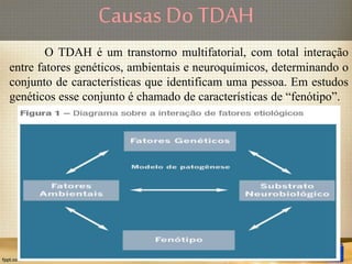 Causas Do TDAH
O TDAH é um transtorno multifatorial, com total interação
entre fatores genéticos, ambientais e neuroquímicos, determinando o
conjunto de características que identificam uma pessoa. Em estudos
genéticos esse conjunto é chamado de características de “fenótipo”.
 