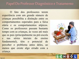 PapelDo Professor Diagnósticoe Tratamento
O fato dos professores terem
experiência com um grande número de
crianças possibilita a distinção entre os
comportamentos esperados para a faixa
etária e os comportamentos atípicos.
Como os professores passam bastante
tempo com as crianças, às vezes até mais
que os pais (principalmente na pré-escola
e nas séries iniciais do ensino
fundamental), têm o potencial de
perceber o problema antes deles, ao
menos que existe algo errado com a
criança.
 