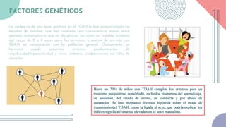 FACTORES GENÉTICOS
La evidencia de una base genética en el TDAH la han proporcionado los
estudios de familias, que han revelado una concordancia mayor entre
gemelos monocigóticos que en dicigóticos, así como un notable aumento
del riesgo de 2 a 8 veces para los hermanos y padres de un niño con
TDAH, en comparación con la población general. Clínicamente, un
hermano puede presentar síntomas predominantes de
impulsividad/hiperactividad y otros, síntomas predominantes de falta de
atención.
Hasta un 70% de niños con TDAH cumplen los criterios para un
trastorno psiquiátrico comórbido, incluidos trastornos del aprendizaje,
de ansiedad, del estado de ánimo, de conducta y por abuso de
sustancias. Se han propuesto diversas hipótesis sobre el modo de
transmisión del TDAH, como la ligada al sexo, que podría explicar los
índices significativamente elevados en el sexo masculino.
 