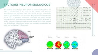 FACTORES NEUROFISIOLOGICOS
Al estudiar los hallazgos EEG (Perfil electroencefalográfico) en
niños y adolescentes a lo largo de las últimas dos décadas
descubrieron que aquellos niños con TDAH de tipo combinado
eran los que mostraban una actividad β significativamente elevada
en el EEG, y estudios posteriores indicaron que estos jóvenes
también tendían a mostrar un aumento de los cambios de humor y
de las rabietas. Investigaciones recientes sobre el EEG en jóvenes
con TDAH han identificado grupos de síntomas conductuales en
niños con perfiles de EEG similares.
 