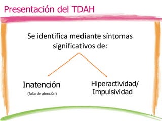 Se identifica mediante síntomas significativos de: Inatención (falta de atención) Hiperactividad/ Impulsividad   Presentación del TDAH 