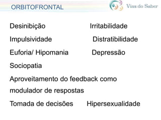 ORBITOFRONTAL
Desinibição Irritabilidade
Impulsividade Distratibilidade
Euforia/ Hipomania Depressão
Sociopatia
Aproveitamento do feedback como
modulador de respostas
Tomada de decisões Hipersexualidade
 