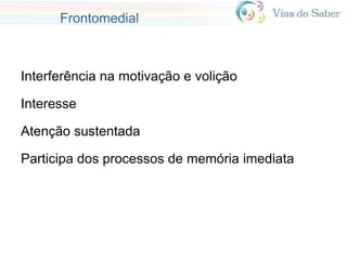 Frontomedial
Interferência na motivação e volição
Interesse
Atenção sustentada
Participa dos processos de memória imediata
 