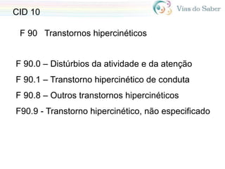 CID 10
F 90 Transtornos hipercinéticos
F 90.0 – Distúrbios da atividade e da atenção
F 90.1 – Transtorno hipercinético de conduta
F 90.8 – Outros transtornos hipercinéticos
F90.9 - Transtorno hipercinético, não especificado
 
