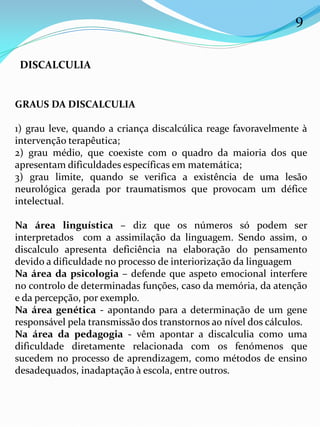 DISCALCULIA
GRAUS DA DISCALCULIA
1) grau leve, quando a criança discalcúlica reage favoravelmente à
intervenção terapêutica;
2) grau médio, que coexiste com o quadro da maioria dos que
apresentam dificuldades específicas em matemática;
3) grau limite, quando se verifica a existência de uma lesão
neurológica gerada por traumatismos que provocam um défice
intelectual.
Na área linguística – diz que os números só podem ser
interpretados com a assimilação da linguagem. Sendo assim, o
discalculo apresenta deficiência na elaboração do pensamento
devido a dificuldade no processo de interiorização da linguagem
Na área da psicologia – defende que aspeto emocional interfere
no controlo de determinadas funções, caso da memória, da atenção
e da percepção, por exemplo.
Na área genética - apontando para a determinação de um gene
responsável pela transmissão dos transtornos ao nível dos cálculos.
Na área da pedagogia - vêm apontar a discalculia como uma
dificuldade diretamente relacionada com os fenómenos que
sucedem no processo de aprendizagem, como métodos de ensino
desadequados, inadaptação à escola, entre outros.
9
 