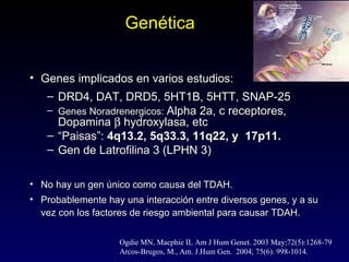Genética


• Genes implicados en varios estudios:
   – DRD4, DAT, DRD5, 5HT1B, 5HTT, SNAP-25
   – Genes Noradrenergicos: Alpha 2a, c receptores,
     Dopamina β hydroxylasa, etc
   – “Paisas”: 4q13.2, 5q33.3, 11q22, y 17p11.
   – Gen de Latrofilina 3 (LPHN 3)

• No hay un gen único como causa del TDAH.
• Probablemente hay una interacción entre diversos genes, y a su
  vez con los factores de riesgo ambiental para causar TDAH.

                   Ogdie MN, Macphie IL Am J Hum Genet. 2003 May;72(5):1268-79
                   Arcos-Brugos, M., Am. J.Hum Gen. 2004; 75(6). 998-1014.
 