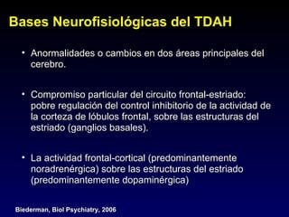 Bases Neurofisiológicas del TDAH

 • Anormalidades o cambios en dos áreas principales del
   cerebro.


 • Compromiso particular del circuito frontal-estriado:
   pobre regulación del control inhibitorio de la actividad de
   la corteza de lóbulos frontal, sobre las estructuras del
   estriado (ganglios basales).


 • La actividad frontal-cortical (predominantemente
   noradrenérgica) sobre las estructuras del estriado
   (predominantemente dopaminérgica)

Biederman, Biol Psychiatry, 2006
 