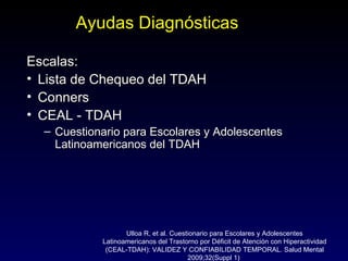 Ayudas Diagnósticas

Escalas:
• Lista de Chequeo del TDAH
• Conners
• CEAL - TDAH
  – Cuestionario para Escolares y Adolescentes
    Latinoamericanos del TDAH




                   Ulloa R, et al. Cuestionario para Escolares y Adolescentes
            Latinoamericanos del Trastorno por Déficit de Atención con Hiperactividad
             (CEAL-TDAH): VALIDEZ Y CONFIABILIDAD TEMPORAL. Salud Mental
                                        2009;32(Suppl 1)
 