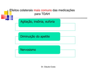 Dr. Cláudio Costa
Efeitos colaterais mais comuns das medicações
para TDAH
 