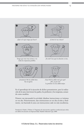 TRASTORNO POR DÉFICIT DE ATENCIÓN CON HIPERACTIVIDAD 13 
1 2 
3 4 
En el aprendizaje de la ejecución de dichos pensamientos, para la realiza-ción 
de la tarea intervienen los padres, los profesores y los terapeutas, actuan-do 
como modelos. 
Primero van ejecutando la actividad, dándose instrucciones a sí mismos 
en voz alta. Posteriormente, dan orientaciones en voz alta al niño y, final-mente, 
van haciendo la tarea con instrucciones cada vez más encubiertas. 
5 
¿Qué es lo que tengo que hacer? ¿Cómo lo voy a hacer? 
Tengo que estar muy atento y ver 
todas las respuestas posibles. 
¡Ya está! Creo que la solución es ésta. 
¡Fantástico! Me ha salido bien. 
Soy un genio. 
¡Vaya! Me ha salido mal ¿por qué? 
¡Ah!, ¡es por eso! 
La próxima vez me saldrá mejor. 
Tomado de: Orjales I, Polaino A. Programas de intervención cognitivo-conductual para niños 
con déficit de atención con hiperactividad. Madrid: Editorial Cepe; 2000. 
© Editorial Glosa, S.L. Reservados todos los derechos 
 