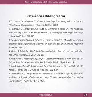 Mitos e verdades sobre o TDAH: Entendendo para incluir
-neurosaber.com.br - 27
1. Castaneda GY, Heilbroner PL. Pediatric Neurology: Essentials for General Practice.
Philadelphia (PA): Lippincott Williams & Wilkins; 2007.
2. Polanczyk G, Silva de Lima M, Horta BL, Biederman J, Rohde LA. The Worldwide
Prevalence of ADHD : A Systematic Review and Metaregression Analysis. Am J Psy-
chiatry 2007; 164: 942-948.
3. Banaschewski T, Becker K, Scherag S, Franke B, Coghill D. Molecular genetics of
attention-deficit/hyperactivity disorder: an overview. Eur Child Adolesc Psychiatry
2010; 19:237–257.
4. Kieling R, Rohde LA. ADHD in children and adults: diagnosis and prognosis. Curr
Top Behav Neuroscience 2012; 9: 1-16.
5. Pastura GMC, Mattos P, Araújo APQC. Desempenho Escolar e Transtorno de Dé-
ficit de Atenção e Hiperatividade. Rev Psiq Clín 2005; 32 (6): 324-329.
6. Rohde LA, Halpern R. Transtorno de Déficit de Atenção e Hiperatividade: Atuali-
zação. J Pediatr (Rio J) 2004; 80 (2a Supl) : S61-S70.
7. Castellanos FX, Sonuga-Barke EJS, Scheres A, Di Martino A, Hyde C, Walters JR.
Varieties of Attention-Deficit/Hyperactivity Disorder Intra-Individual Variability.
Biol Psychiatry 2005; 57 : 1416-1423.
Referências Bibliográficas
 