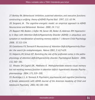 Mitos e verdades sobre o TDAH: Entendendo para incluir
-neurosaber.com.br - 31
27. Barkley RA. Behavioural inhibition, susteined attention, and executive functions:
constructing a unifying theory of ADHD. Psychol Bull 1997; 121: 65-94.
28. Sergeant, JA. The cognitive-energetic model: an empirical approach to ADHD.
Neuroscience and Behavioral Reviews 2000; 24: 7-12.
29. Rapport MD, Bolden J, Kofler MJ, Sarver DE, Raiker JS, Alderson RM Hyperactivi-
ty in Boys with Attention-Deficit/Hyperactivity Disorder (ADHD): a ubiquitous core
symptom or manifestation of working memory deficits ? J Abnorm Child Psychology
2008; 37, 521-534.
30.Castellanos FX,Tannock R.Neuroscience of Attention-Deficit/Hyperactivity Disor-
der: the search for endophenotypes. Nature 2002; 3: 617-629.
31. Halperin, JM, Schulz KP. Revisiting the role of the prefrontal cortex in the patho-
physiology of attention-deficit/hyperactivity disorder. Psychological Bulletin 2006;
132, 560–581.
32. Rhodes SM, Coghill DR, Matthews K. Methylphenidate restores visual memory
but not working memory function in attention deficit- hyperkinetic disorder. Psycho-
pharmacology 2004; 175, 319–330.
33. Rucklidge, J. J., & Tannock, R. Psychiatric, psychosocial, and cognitive functioning
of female adolescents with ADHD. Journal of the American Academy of Child and
Adolescent Psychiatry 2001; 40, 530–540.
 