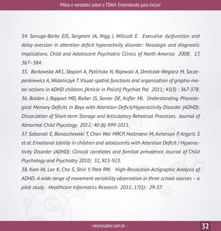 Mitos e verdades sobre o TDAH: Entendendo para incluir
-neurosaber.com.br - 32
34. Sonuga-Barke EJS, Sergeant JA, Nigg J, Willcutt E. Executive dysfunction and
delay aversion in attention deficit hyperactivity disorder: Nosologic and diagnostic
implications. Child and Adolescent Psychiatric Clinics of North America 2008; 17,
367–384.
35. Borkowska AR1, Słopień A, Pytlińska N, Rajewski A, Dmitrzak-Weglarz M, Szcze-
pankiewicz A,Wolańiczyk T.Visual-spatial functions and organisation of grapho-mo-
tor actions in ADHD children. [Article in Polish] Psychiat Pol 2011; 45(3) : 367-378.
36. Bolden J, Rapport MD, Raiker JS, Sarver DE, Kofler MJ. Understanding Phonolo-
gical Memory Deficits in Boys with Attention-Deficit/Hyperactivity Disorder (ADHD):
Dissociation of Short-term Storage and Articulatory Rehearsal Processes. Journal of
Abnormal Child Psycology 2012; 40 (6) 999-1011.
37. Sobanski E, Banaschewski T, Chen Wai MRCP, Holtmann M, Asherson P, Argyris S
et al.Emotional lability in children and adolescents with Attention Deficit / Hyperac-
tivity Disorder (ADHD): Clinical correlates and familial prevalence. Journal of Child
Psychology and Psychiatry 2010; 51, 915-923.
38. Kam HJ, Lee K, Cho S, Shin Y, Park RW. High-Resolution Actigraphic Analysis of
ADHD: A wide range of movement variability observation in three school courses – a
pilot study. Healthcare Informatics Research 2011; 17(1): 29-37.
 