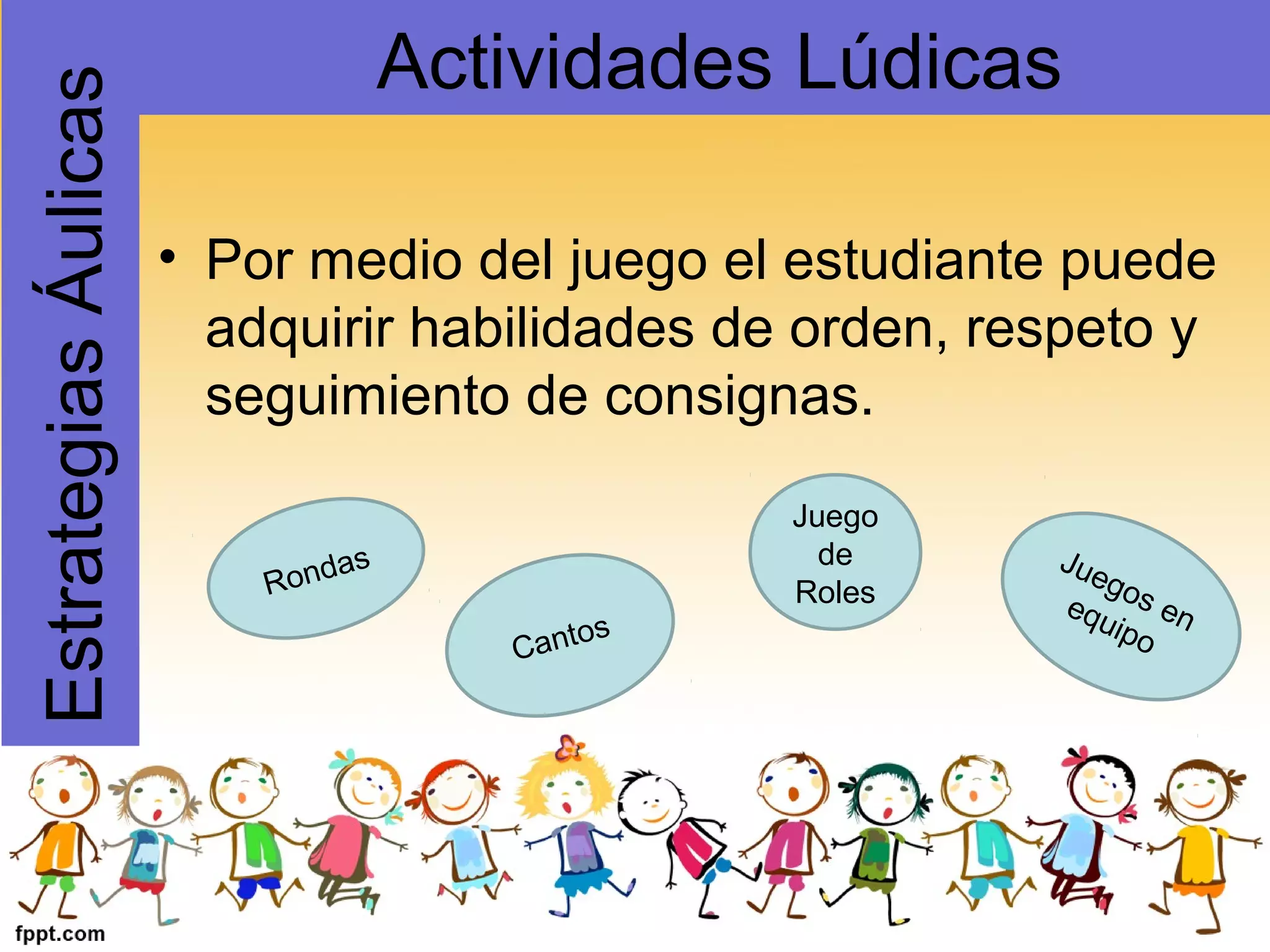 • Por medio del juego el estudiante puede
adquirir habilidades de orden, respeto y
seguimiento de consignas.
EstrategiasÁulicas Actividades Lúdicas
Rondas
Cantos
Juegos enequipo
Juego
de
Roles
 