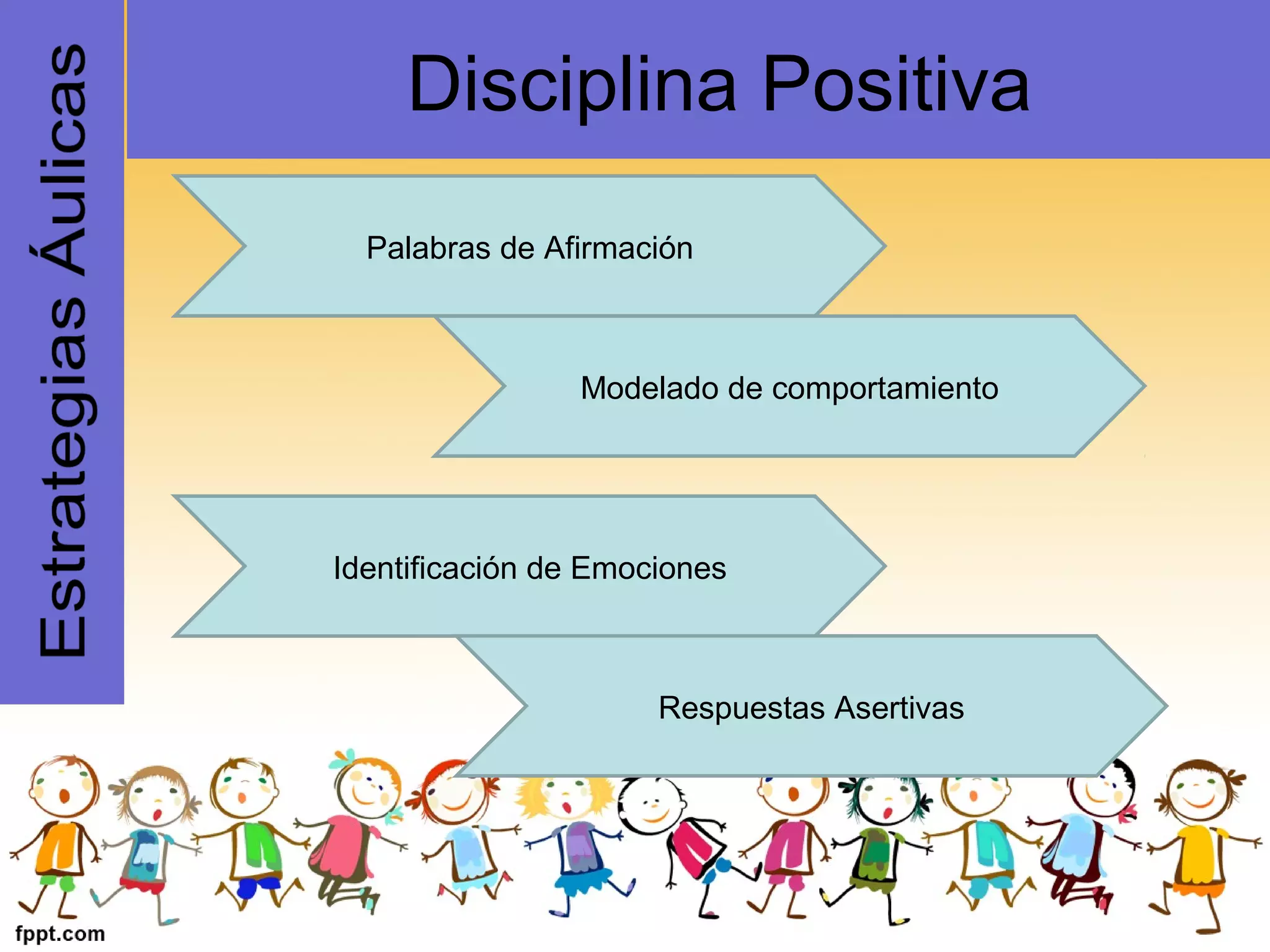 Disciplina Positiva
Palabras de Afirmación
Modelado de comportamiento
Identificación de Emociones
Respuestas Asertivas
 