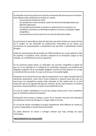 Se entiende una tercera parte de la nota de la evaluación del alumno para el trimestre.
Para obtener dicha calificación se tendrán en cuenta :
- Una prueba de evaluación inicial
- Una producción escrita narrativa a partir de elementos desorganizados que
deberán organizarse.
- Una prueba escrita donde se acentúe, se seleccionen los sustantivos, se
completen sustantivos, se identifique el género y número, se apliquen reglas
ortográficas.
- Una producción escrita a partir de una serie de elementos dados.

Se comunicará al alumnado los tipos de ejercicios que serán tenidos en cuenta al inicio
de la unidad. Se irán valorando las producciones intermedias de las tareas con
correcciones de autoevaluación y coevaluación que permitan ir identificando niveles
de logro.
Dadas las características del alumnado con TDAH tendremos en cuenta además el tipo
de aspectos a considerar antes, durante y después de la evaluación (según se han
indicado en su ACNS) Estos serán los siguientes:

En los exámenes podrá utilizar un ordenador con corrector ortográfico al objeto de
que no se vea afectado en la calidad de los contenidos expuestos sus problemas de
disgrafía y caligrafía. No es aconsejable obligarle a escribir en folios blancos ni a un tipo
o tamaño de letra concreto. Si a que su letra sea, en lo posible legible.
Colocación en el aula de forma que siga las explicaciones en un lugar tranquilo lejos de
elementos distractores. Como tiene mucha tendencia a volverse hacia atrás par ver
qué hacen sus compañeros cuando están colocados en fila, podrá estar en la zona
media del aula en la segunda fila lejos de ventanas, puerta, pero próximo al contacto
personal y visual del profesor, la pizarra y la pantalla del canon.
En caso de realizar actividades en el aula por parejas estará junto a otro compañero
que no manifieste conductas disruptivas.
Anticipación de los temas a trabajar a partir de un resumen mensual y del calendario
de exámenes o tareas de entrega en un lugar visible en el aula.
En el caso de realizar actividades en grupos cooperativos estos deberán ser mixtos en
cuanto a capacidades y características personales.
Se podrá demorar las tareas a entregar siempre que haya entrega de pasos
intermedios.
PROCEDIMIENTOS DE EVALUACIÓN

5

 