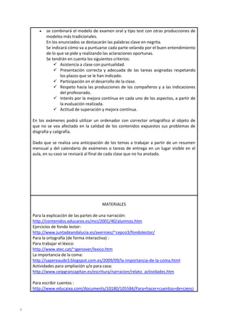 se combinará el modelo de examen oral y tipo test con otras producciones de
modelos más tradicionales.
En los enunciados se destacarán las palabras clave en negrita.
Se indicará cómo va a puntuarse cada parte velando por el buen entendimiento
de lo que se pide y realizando las aclaraciones oportunas.
Se tendrán en cuenta los siguientes criterios:
 Asistencia a clase con puntualidad.
 Presentación correcta y adecuada de las tareas asignadas respetando
los plazos que se le han indicado.
 Participación en el desarrollo de la clase.
 Respeto hacia las producciones de los compañeros y a las indicaciones
del profesorado.
 Interés por la mejora contínua en cada uno de los aspectos, a partir de
la evaluación realizada.
 Actitud de superación y mejora contínua.
En los exámenes podrá utilizar un ordenador con corrector ortográfico al objeto de
que no se vea afectado en la calidad de los contenidos expuestos sus problemas de
disgrafía y caligrafía.
Dado que se realiza una anticipación de los temas a trabajar a partir de un resumen
mensual y del calendario de exámenes o tareas de entrega en un lugar visible en el
aula, en su caso se revisará al final de cada clase que no ha anotado.

MATERIALES
Para la explicación de las partes de una narración:
http://contenidos.educarex.es/mci/2001/40/alumnos.htm
Ejercicios de fondo lector:
http://www.juntadeandalucia.es/averroes/~cepco3/fondolector/
Para la ortografía (de forma interactiva) :
Para trabajar el léxico:
http://www.xtec.cat/~jgenover/lexico.htm
La importancia de la coma:
http://sapereaude3.blogspot.com.es/2009/09/la-importancia-de-la-coma.html
Actividades para ampliación y/o para casa:
http://www.ceipgrancapitan.es/escritura/narracion/relato_actividades.htm
Para escribir cuentos :
http://www.educaixa.com/documents/10180/105584/Para+hacer+cuentos+de+cienci

6

 