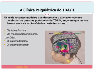 A Clínica Psiquiátrica do TDA/H Os mais recentes modelos que descrevem o que acontece nos cérebros das pessoas portadoras de TDA/H, sugerem que muitas áreas cerebrais estão afetadas neste transtorno: Os lobos frontais  Os mecanismos inibidores da córtex  O sistema límbico  O sistema reticular   Dr. Cláudio Costa 